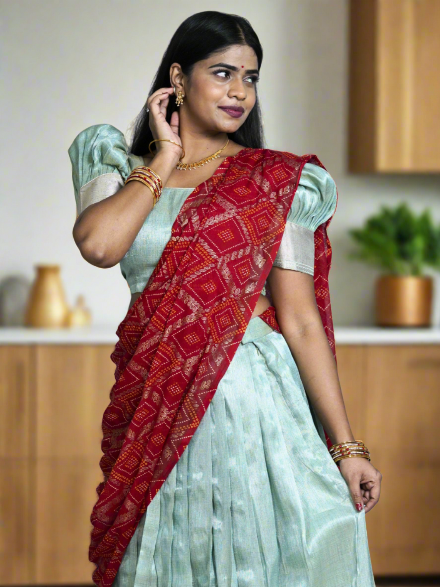 Tissue Green Lehanga with Red Dupatta with Bandini print