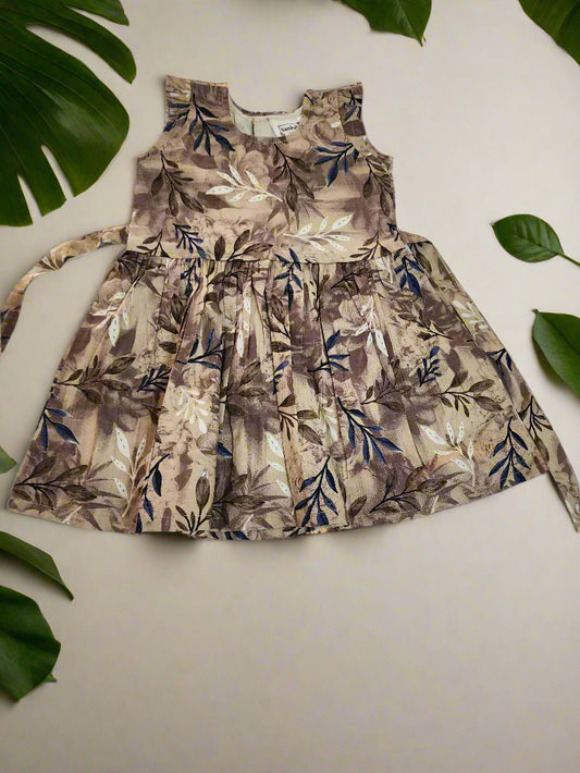 Leaf Print Beige Cotton Frock