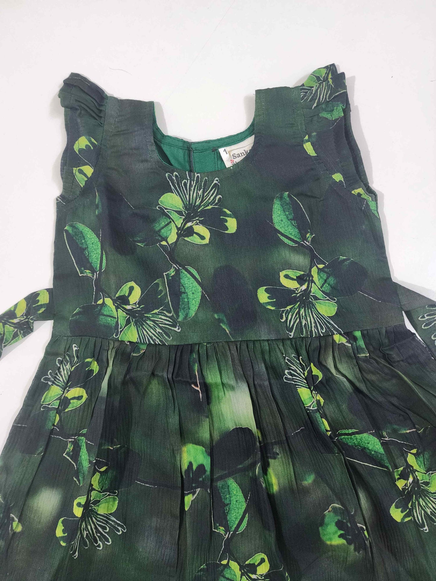 Bottle Green Floral Digital Print Kids Frock