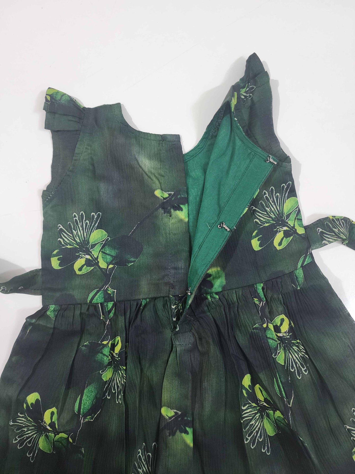 Bottle Green Floral Digital Print Kids Frock