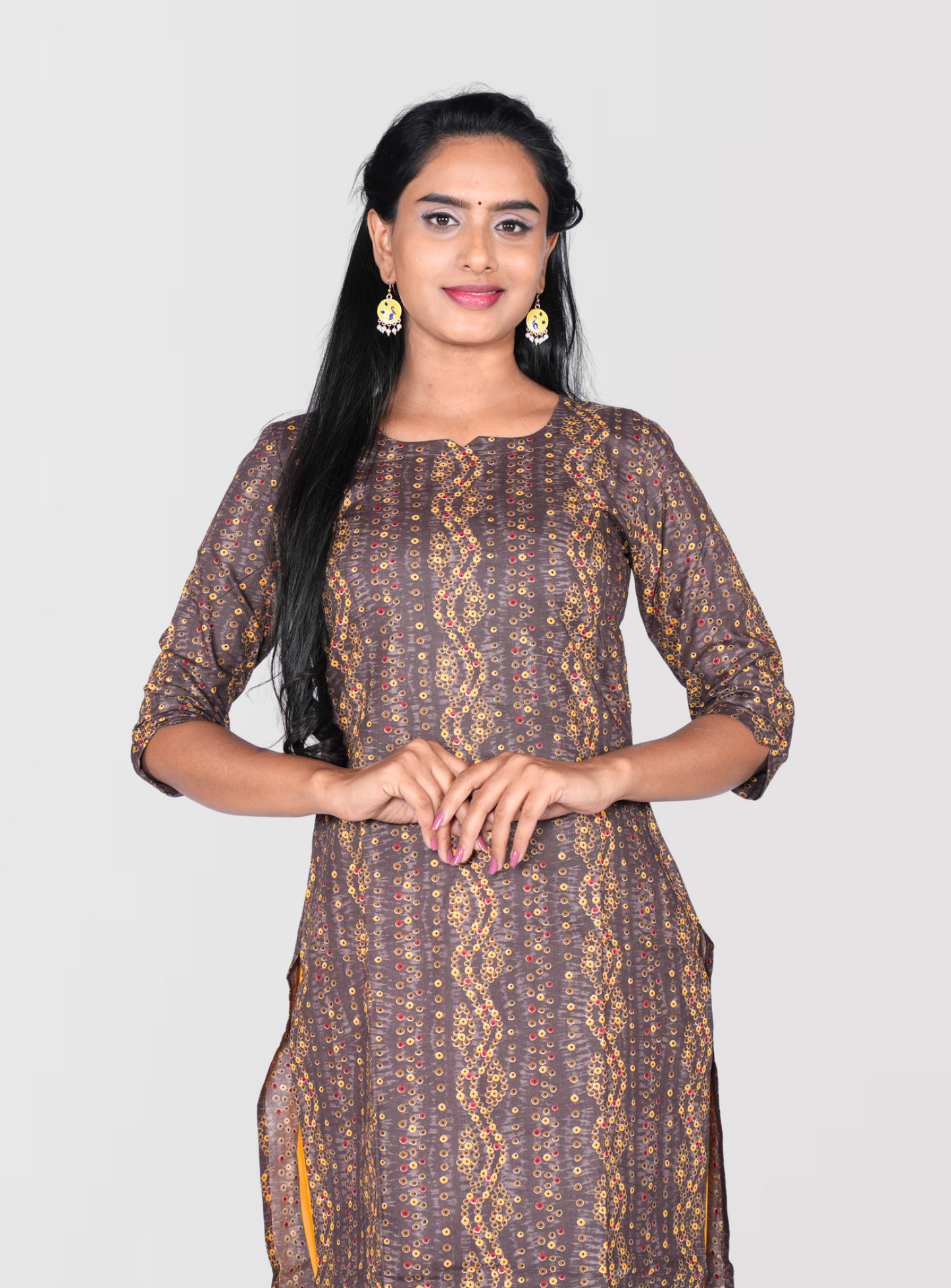 Grey & Yellow Fusion Cotton Kurti