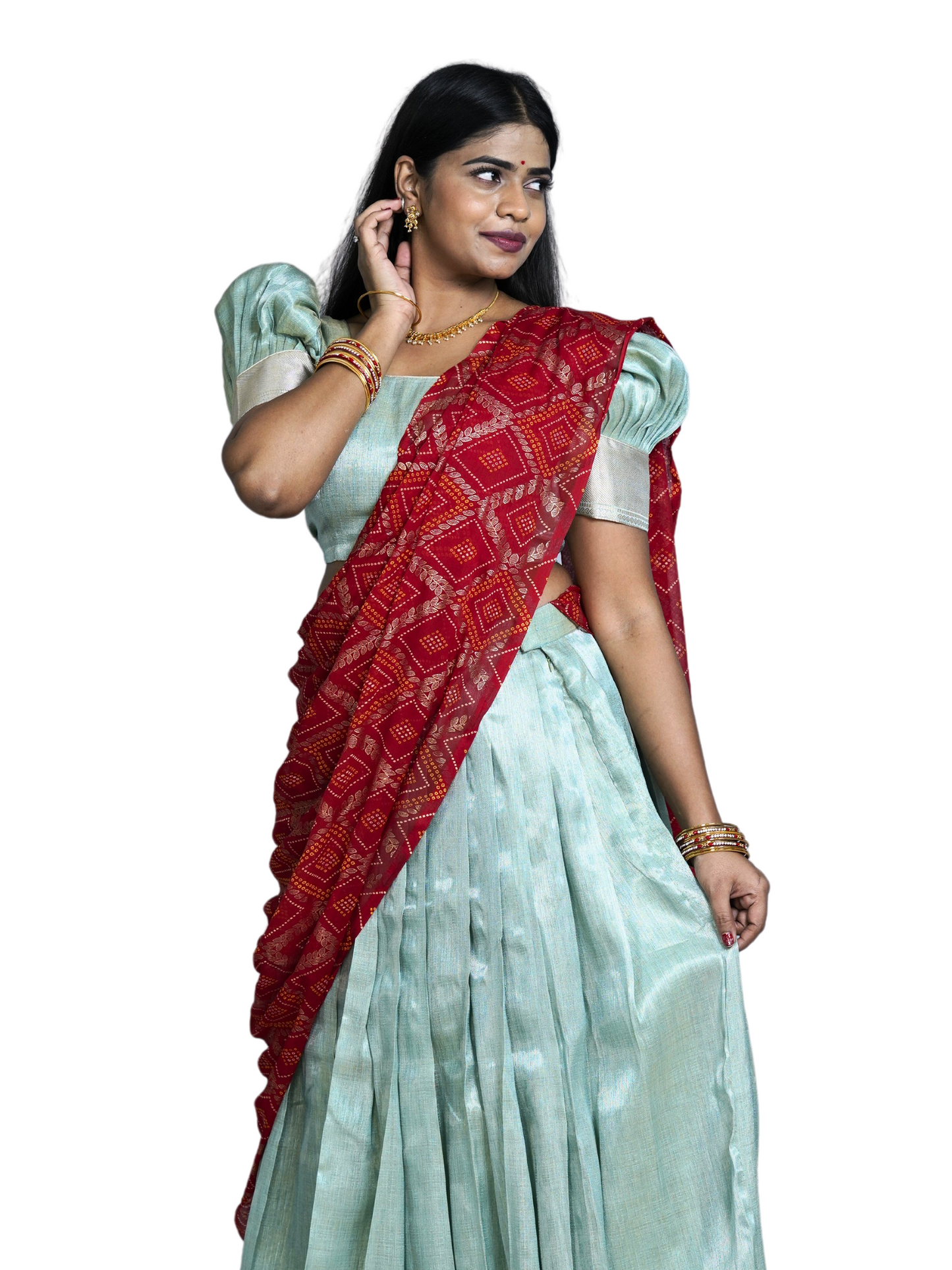 Tissue Green Lehanga with Red Dupatta with Bandini print