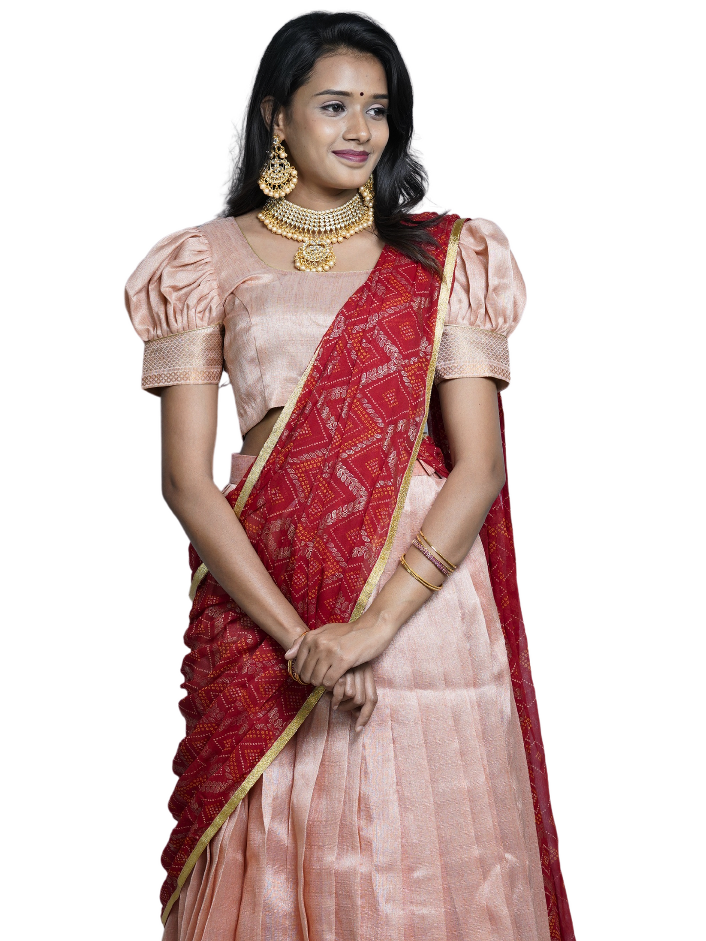 Tissue Lehanga with Red Dupatta with Bandini print