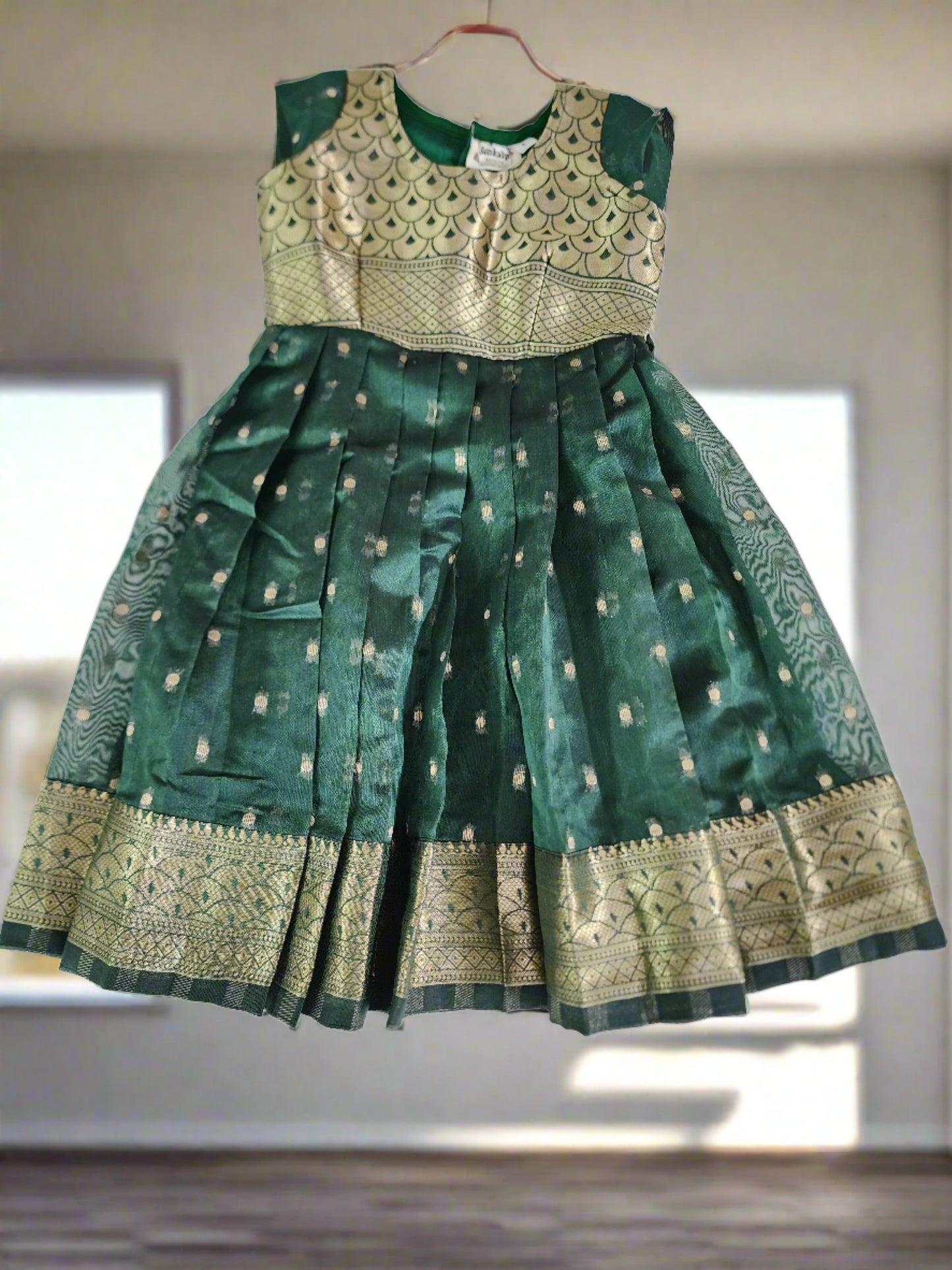 Bottle Green Organza Long Frock.