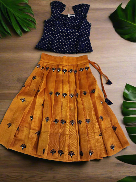 Mustard Yellow Blue Crop Top Lehenga.