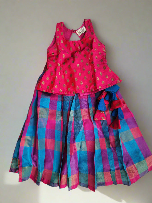 Pink & Blue Checks Banaras Lehenga Set