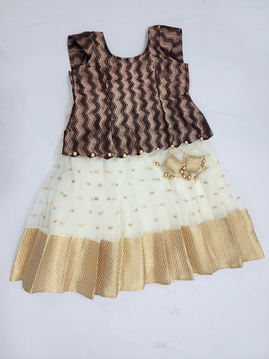 White & Coffee Chanderi Lehenga Set