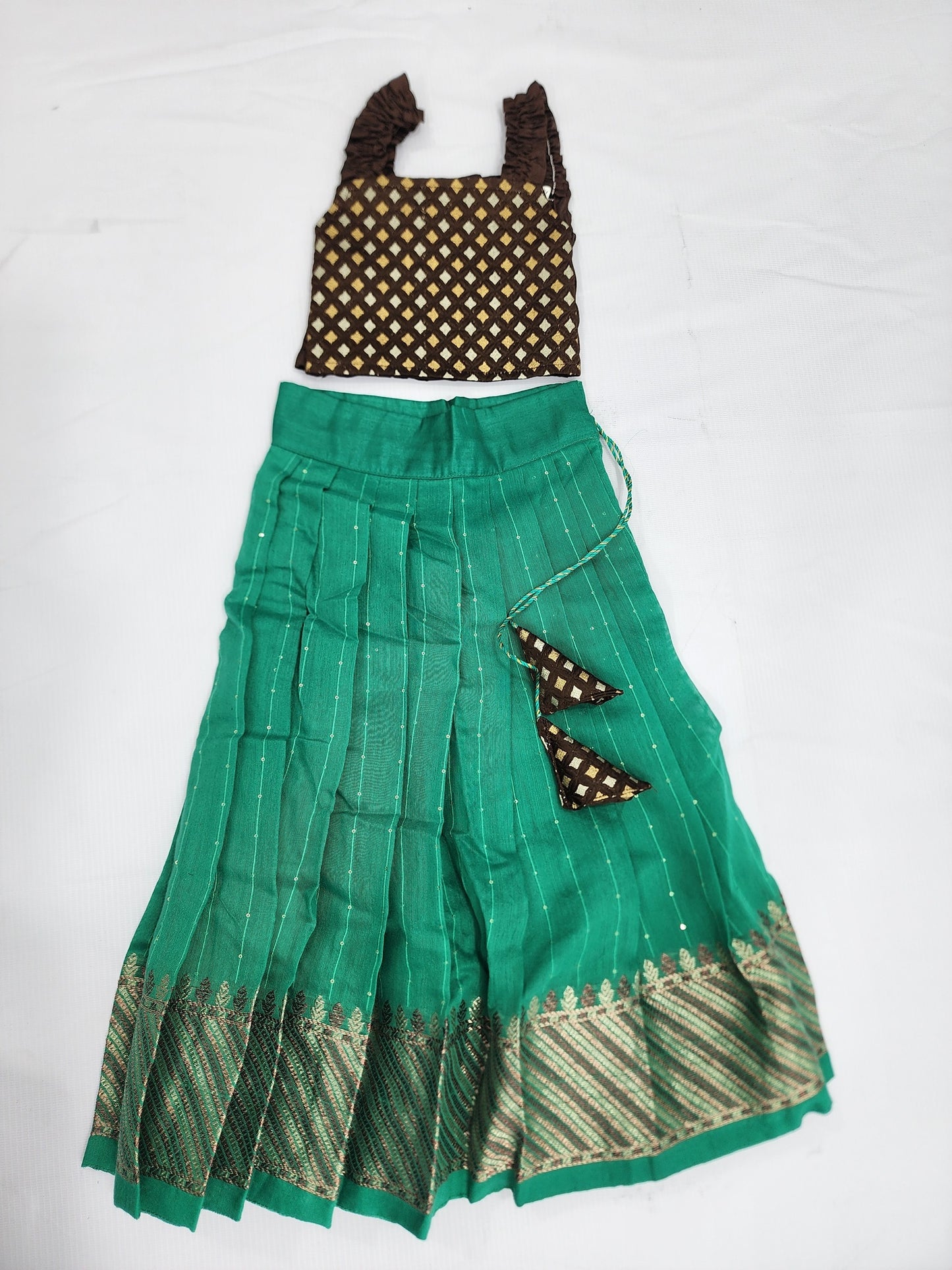 Chanderi Green & Coffee Shirred Crop top