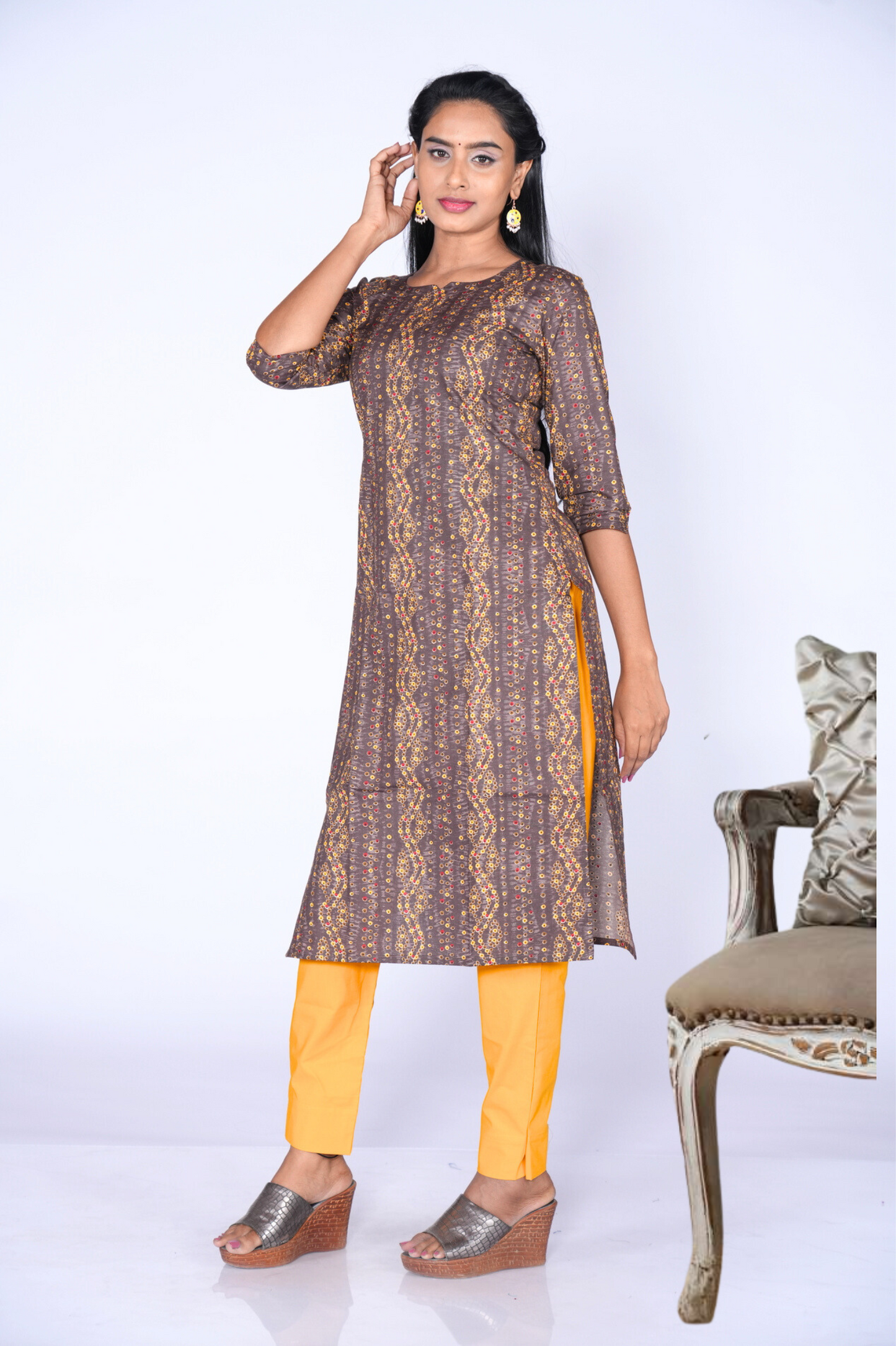 Grey & Yellow Fusion Cotton Kurti