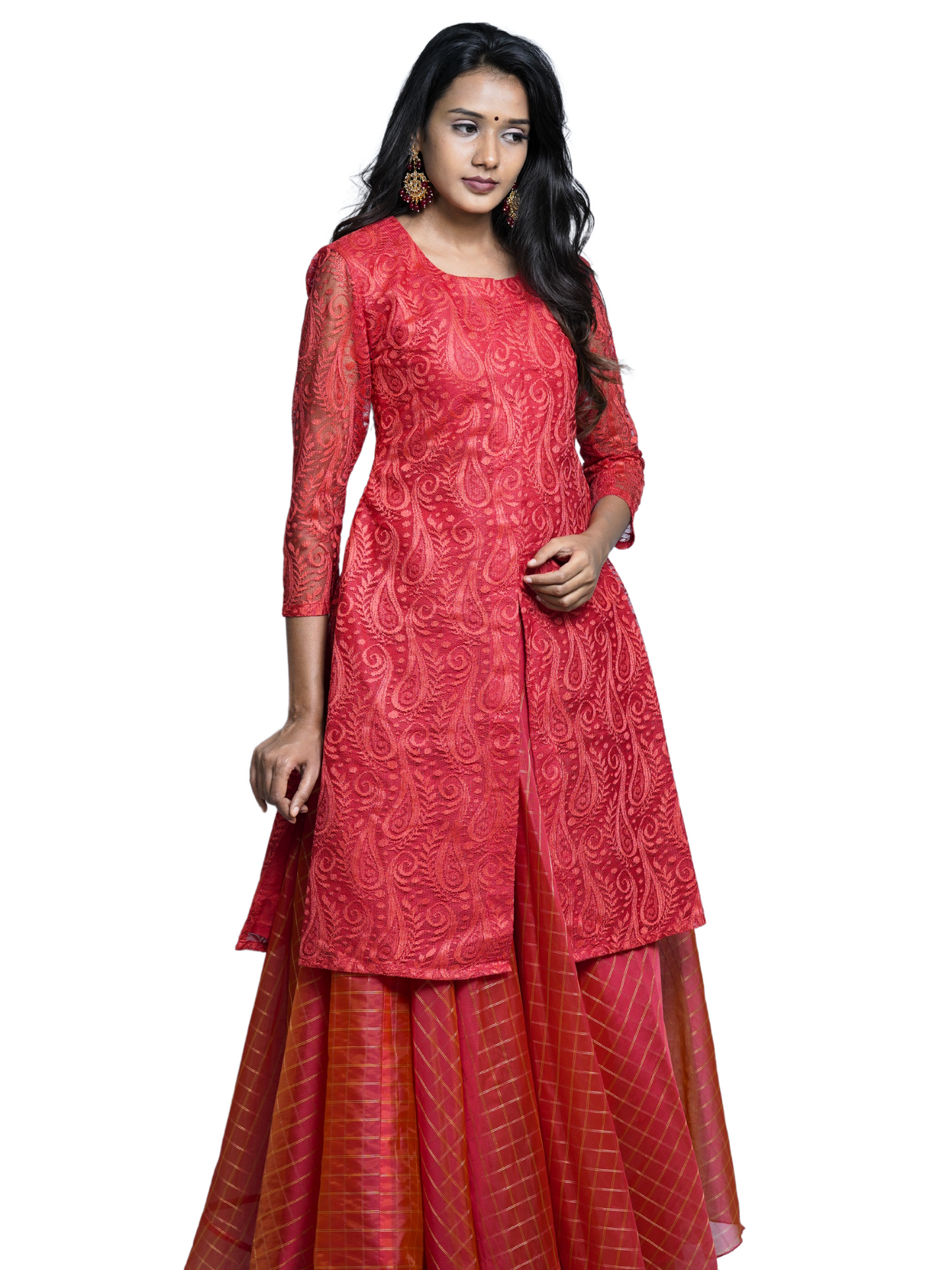 Organza Red Lahenga with designer coat