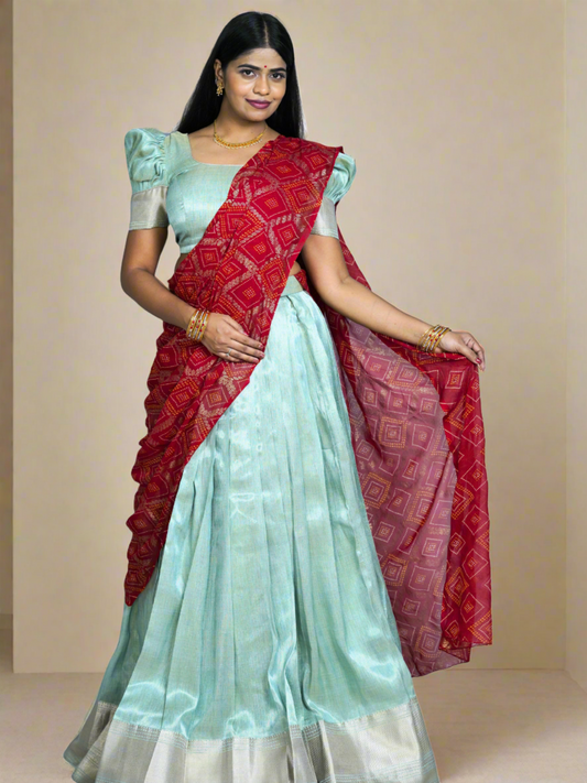 Tissue Green Lehanga with Red Dupatta with Bandini print