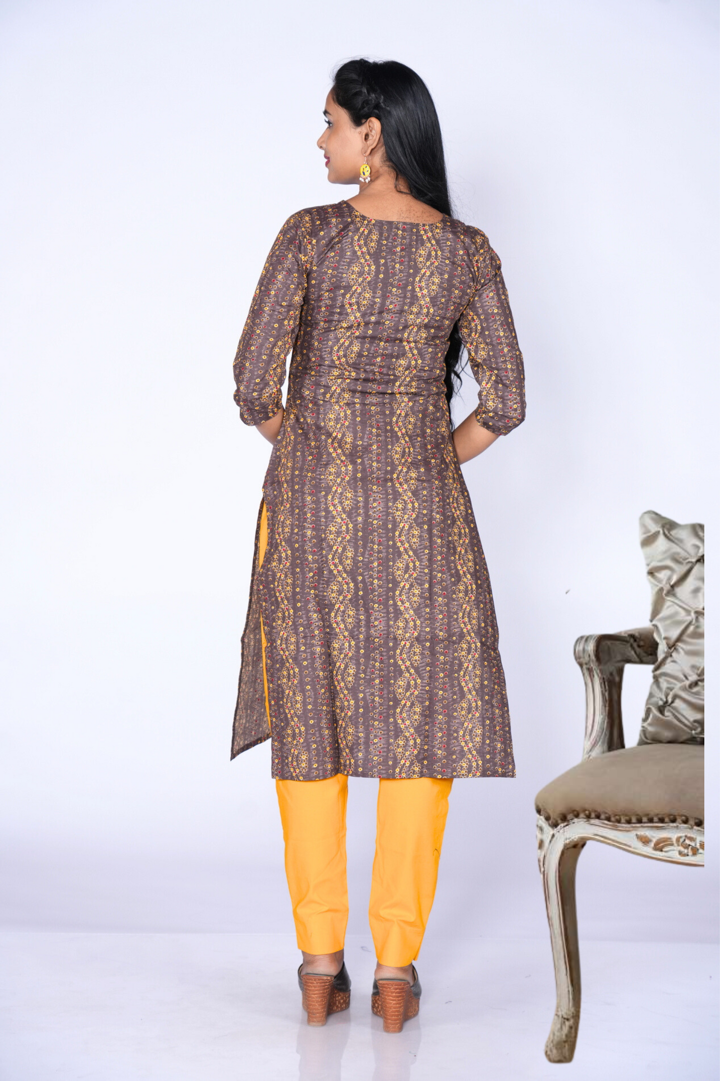Grey & Yellow Fusion Cotton Kurti