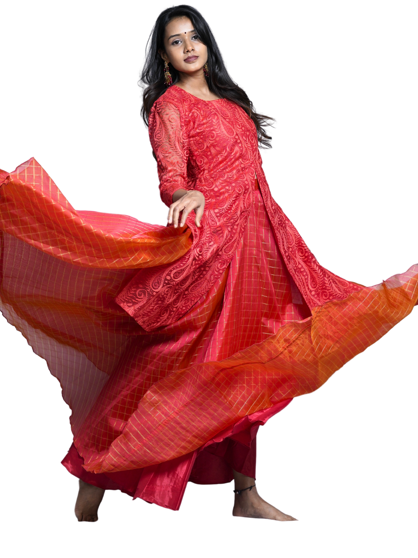 Organza Red Lahenga with designer coat