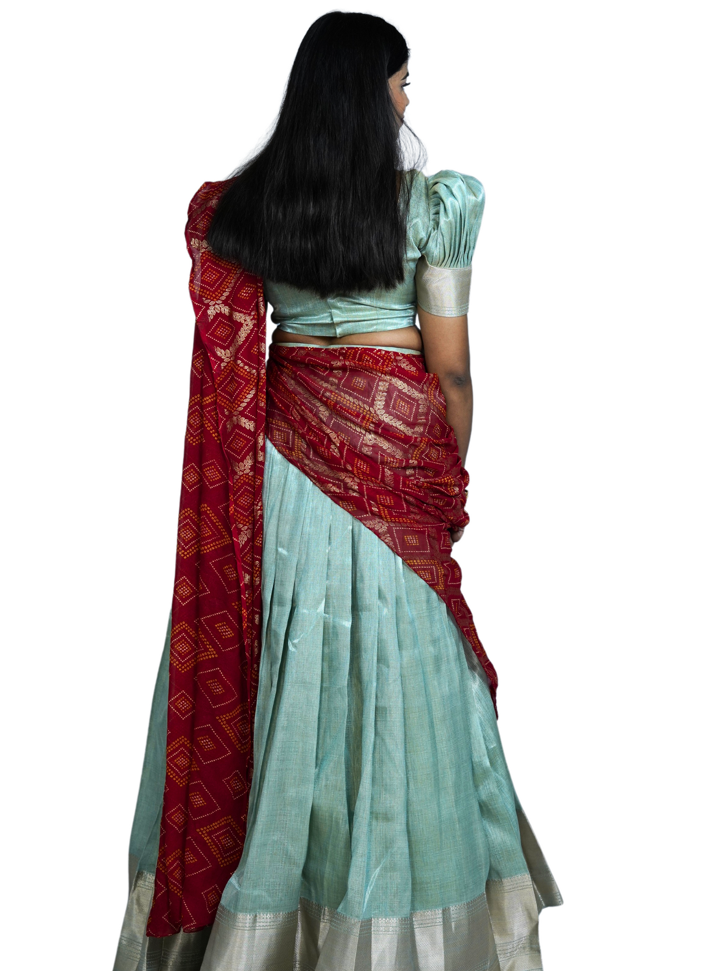 Tissue Green Lehanga with Red Dupatta with Bandini print
