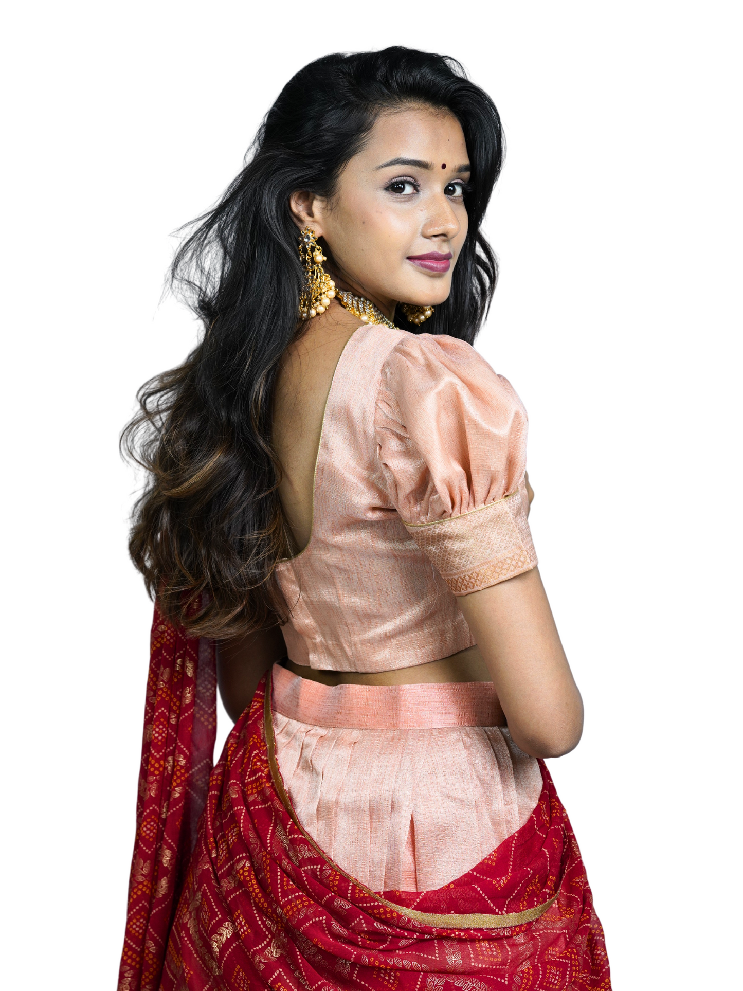 Tissue Lehanga with Red Dupatta with Bandini print