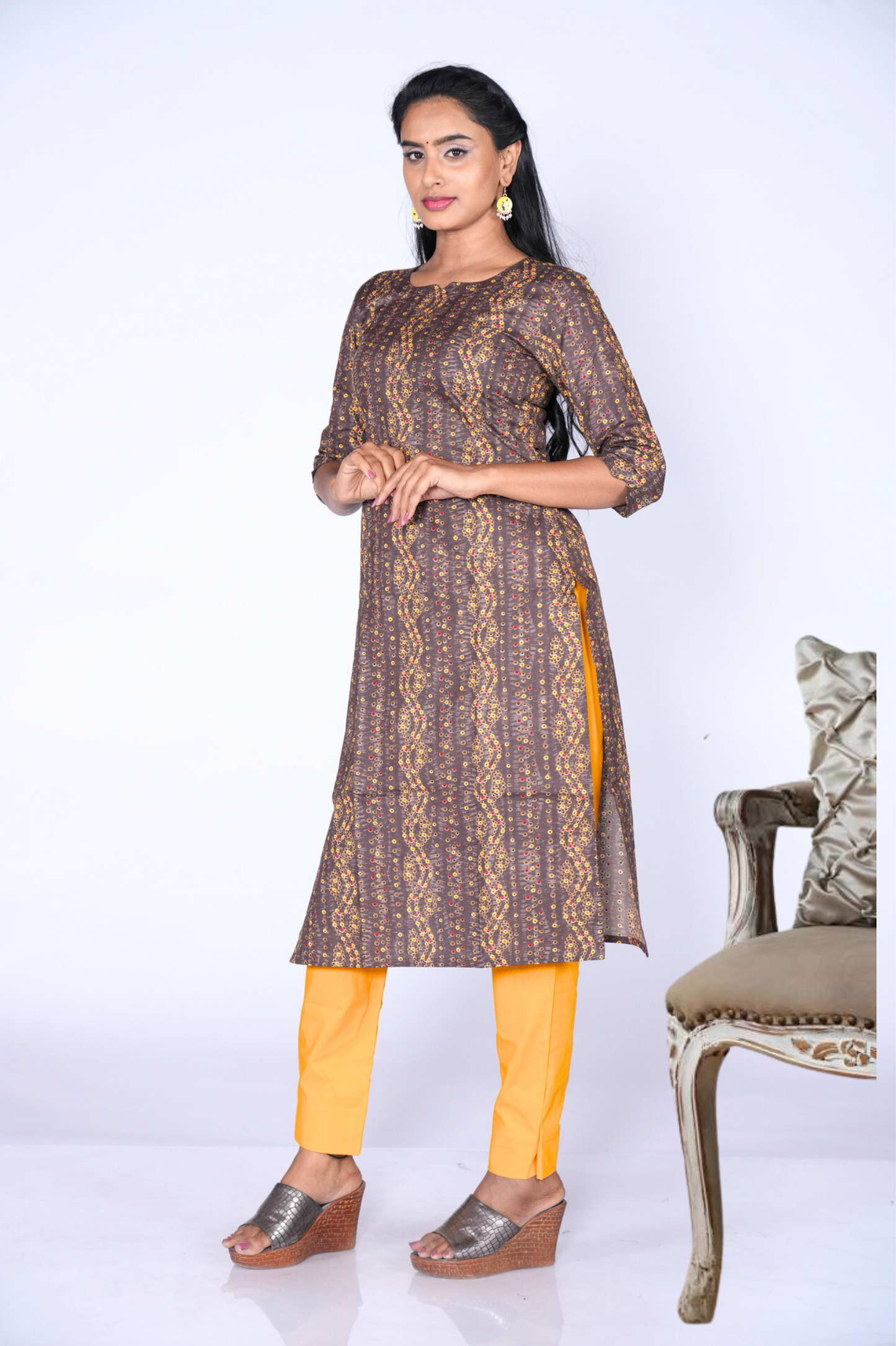 Grey & Yellow Fusion Cotton Kurti
