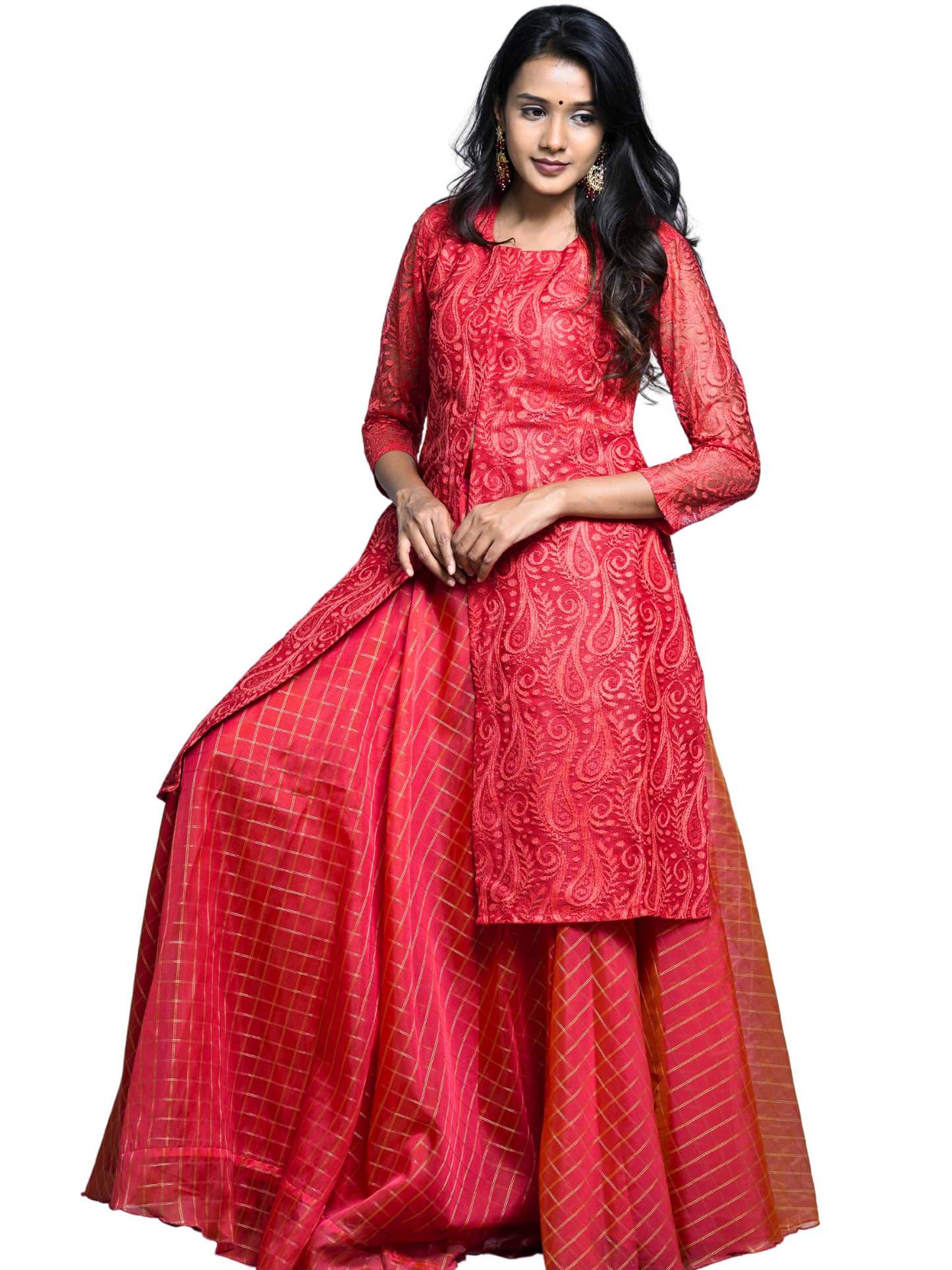 Organza Red Lahenga with designer coat