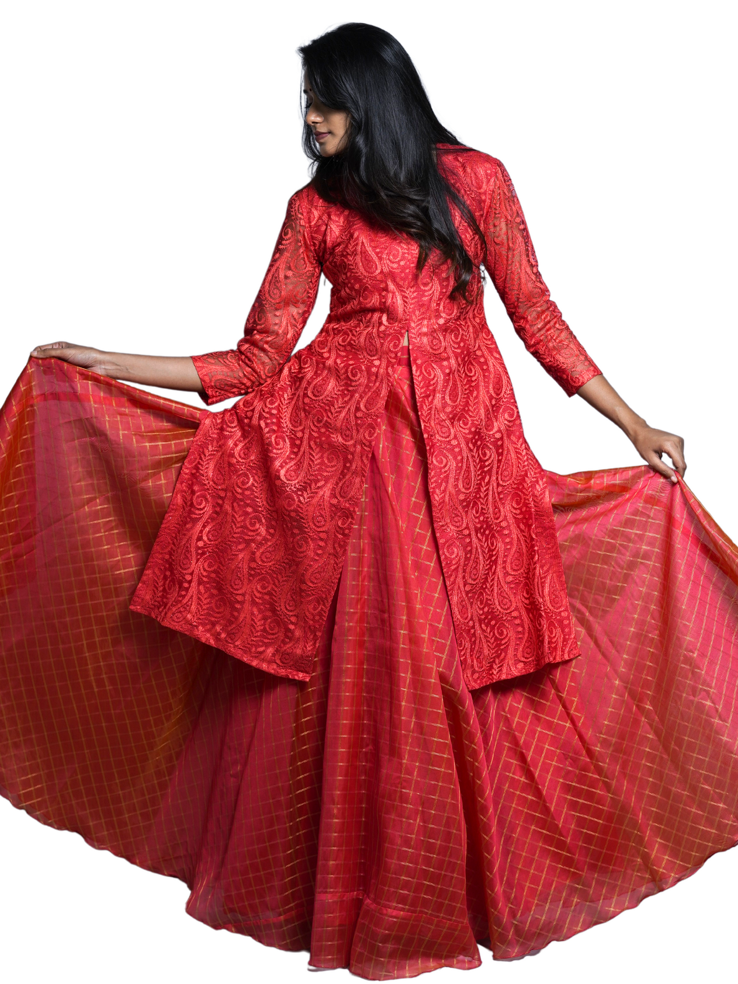 Organza Red Lahenga with designer coat