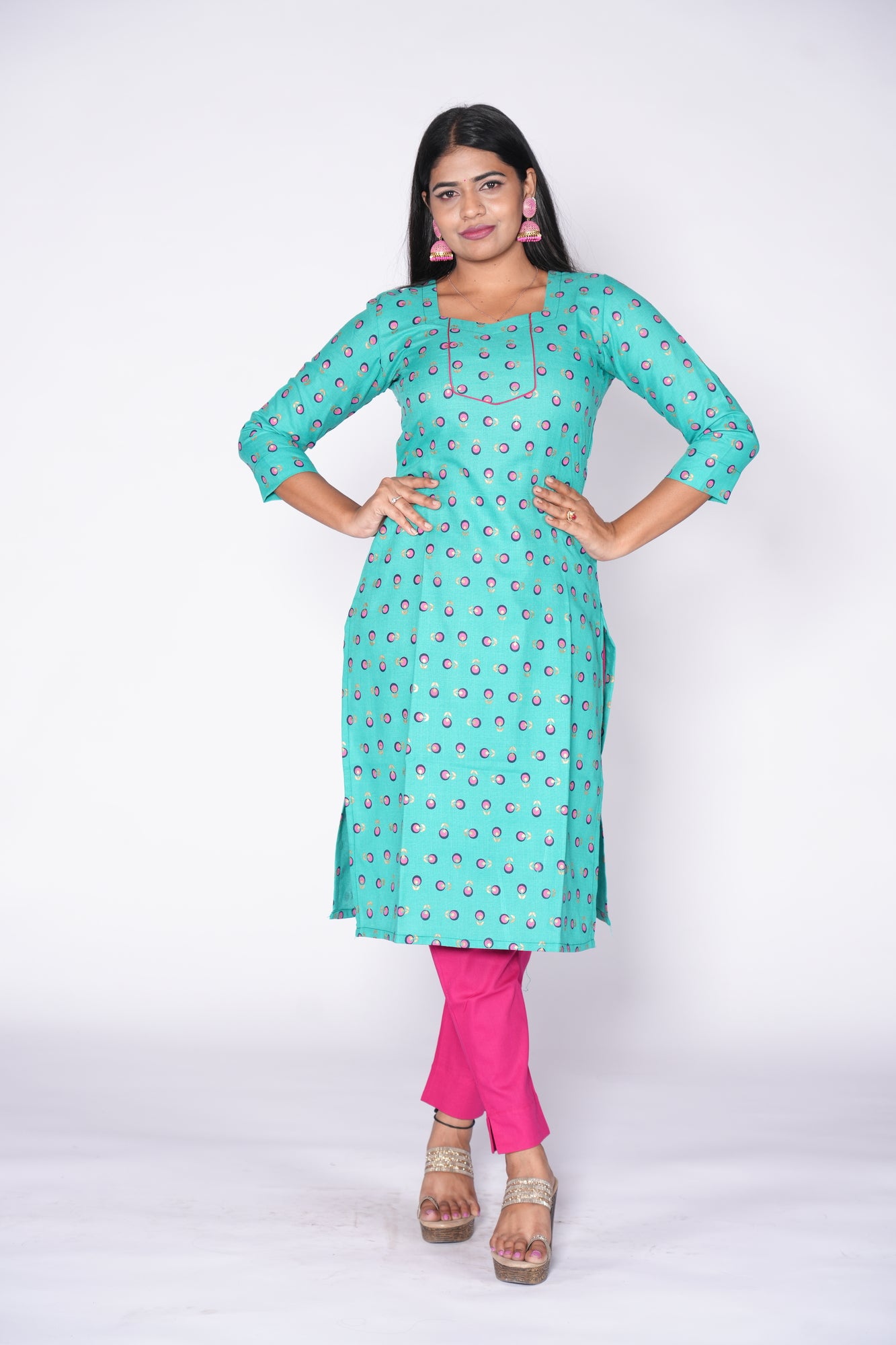 Sea Green with pink print Cotton Kurti