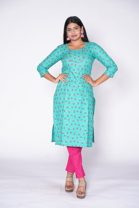 Sea Green with pink print Cotton Kurti