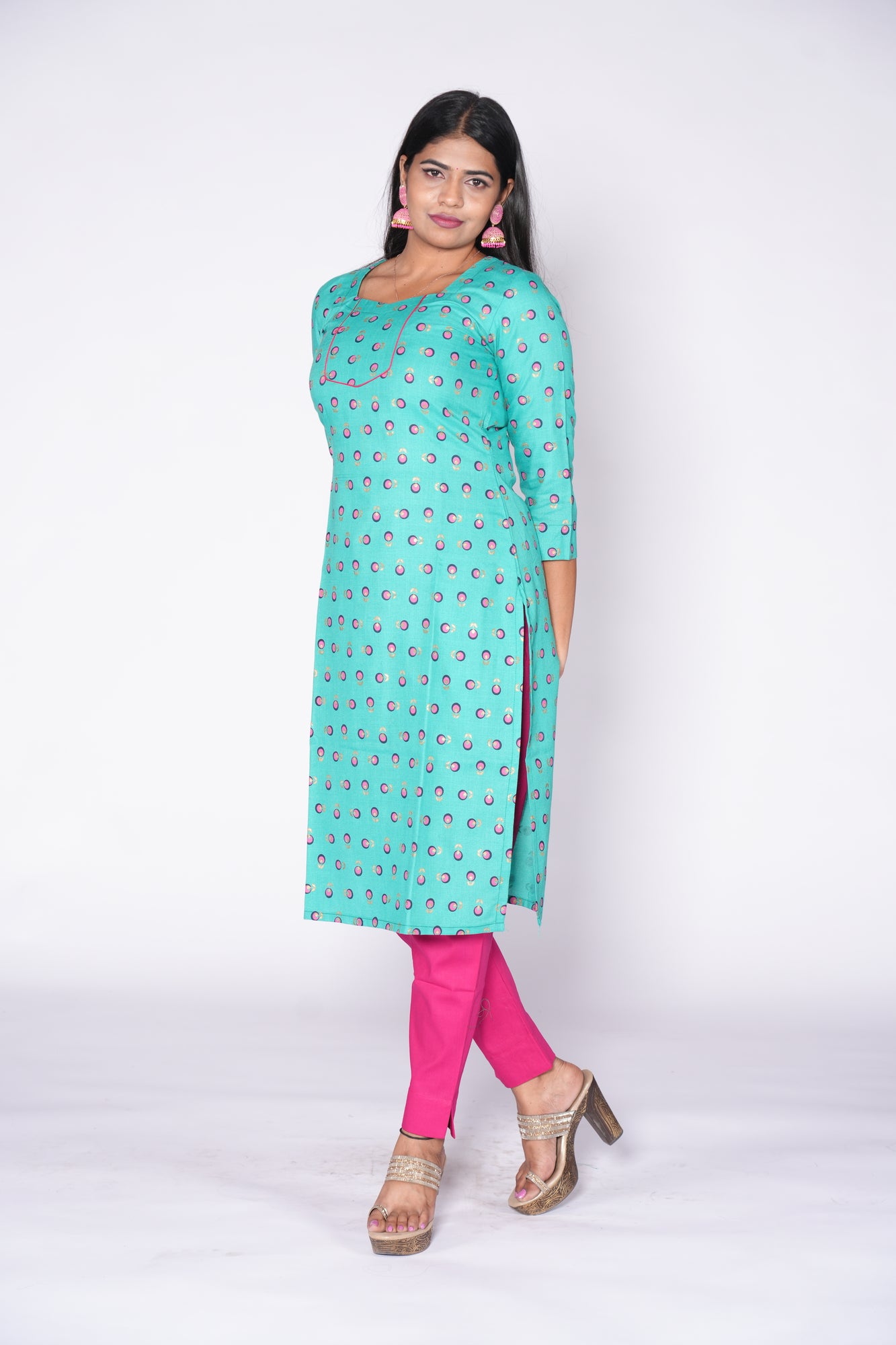 Sea Green with pink print Cotton Kurti