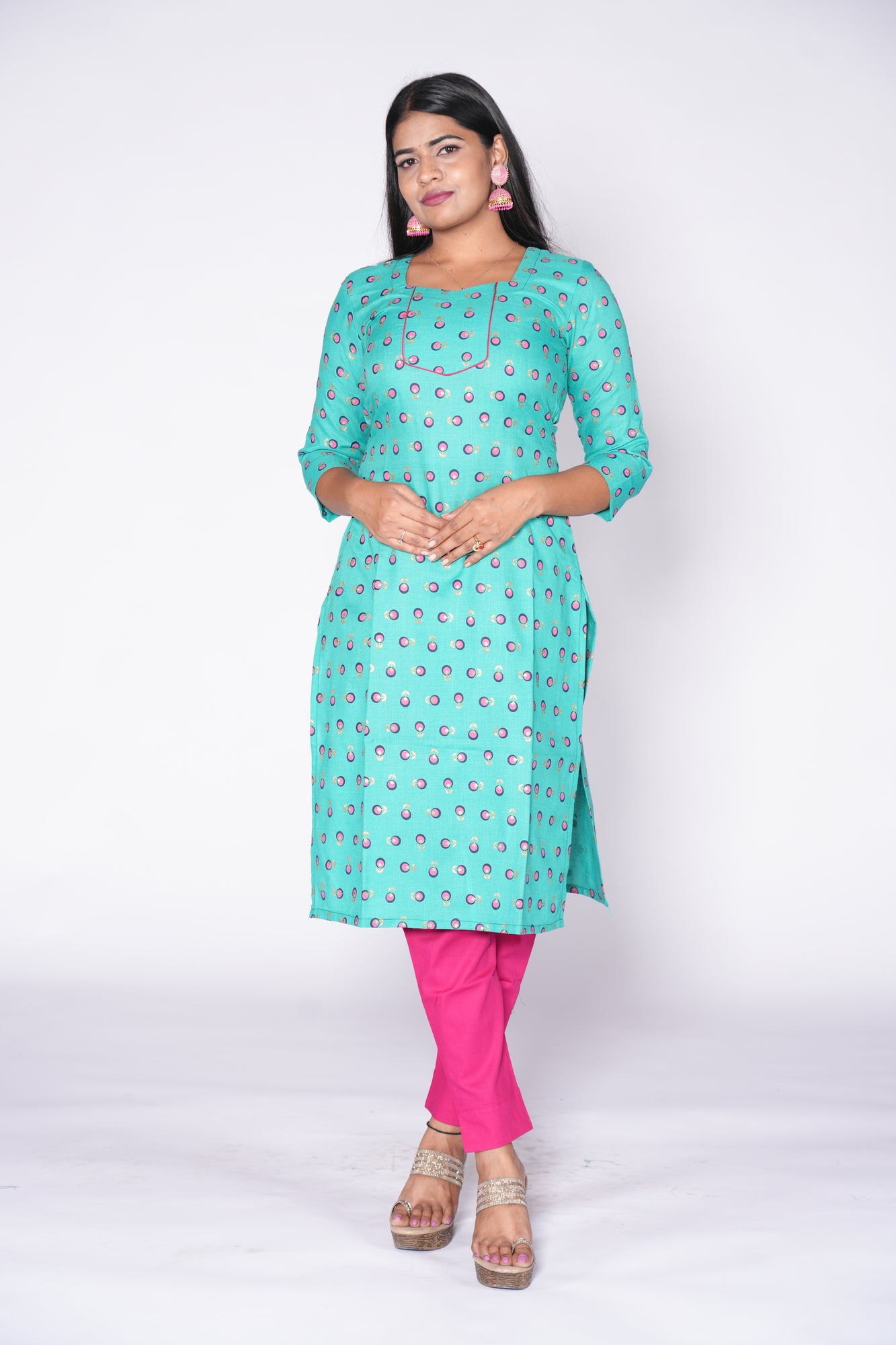 Sea Green with pink print Cotton Kurti