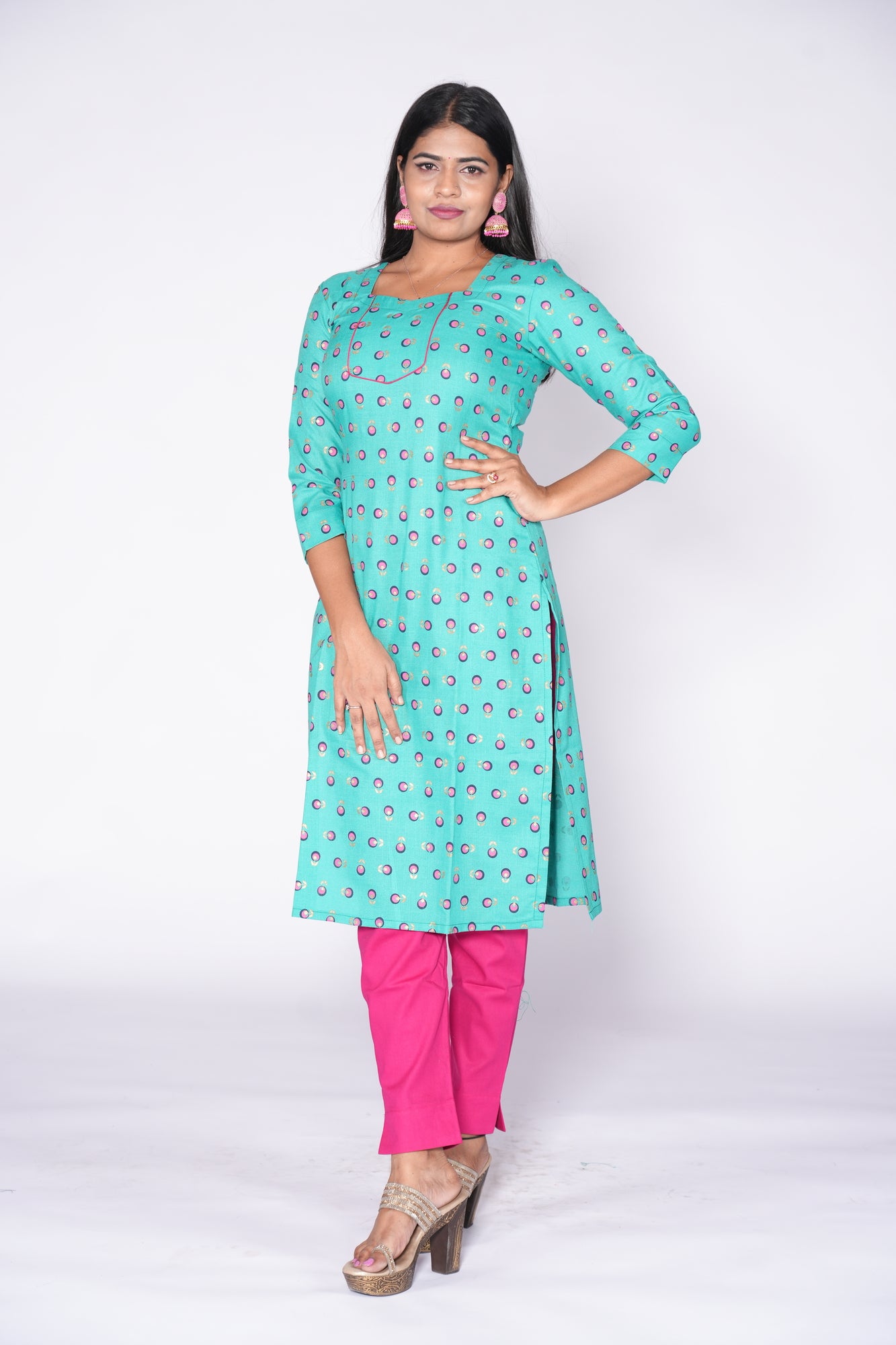 Sea Green with pink print Cotton Kurti