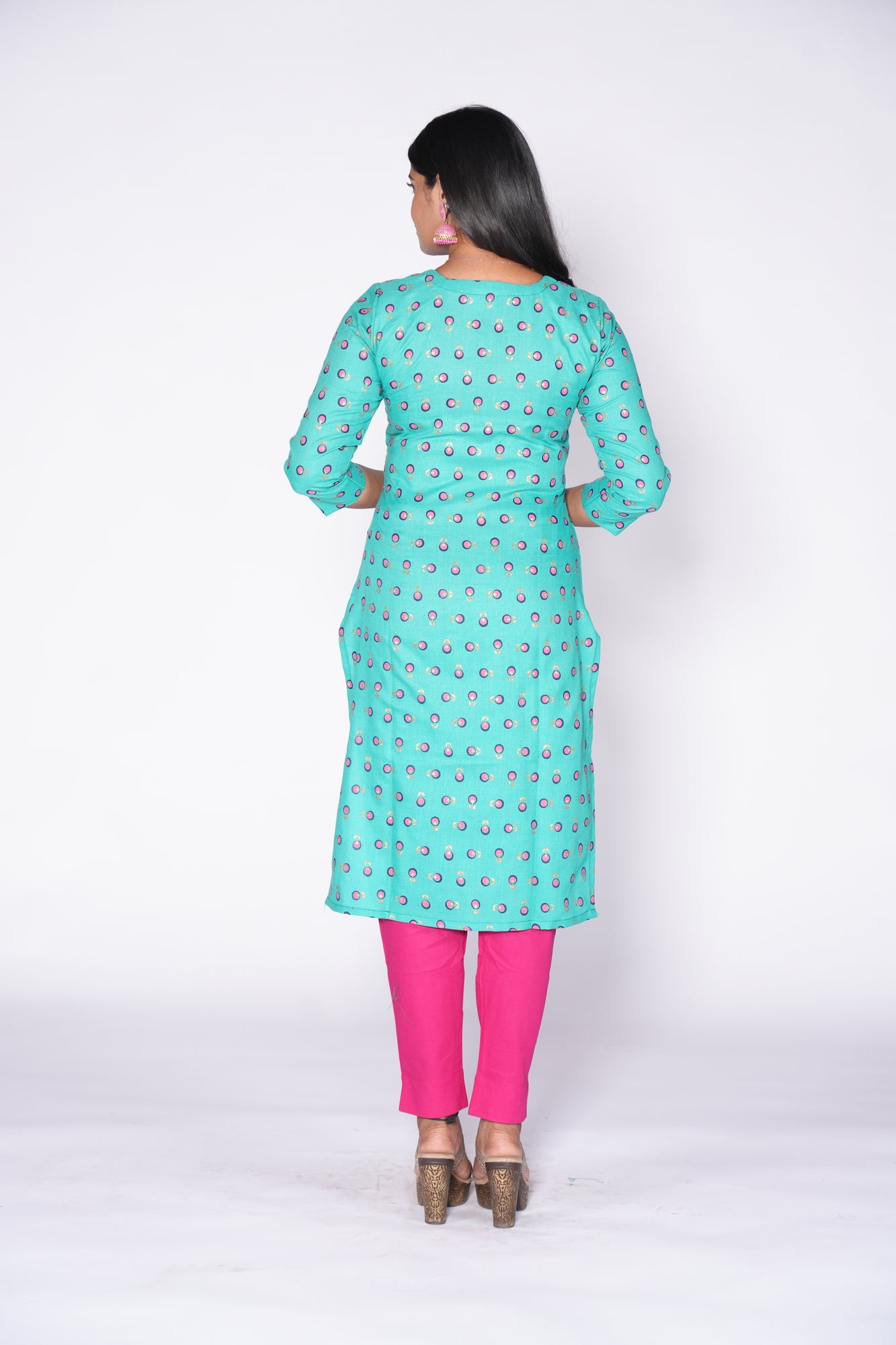 Sea Green with pink print Cotton Kurti