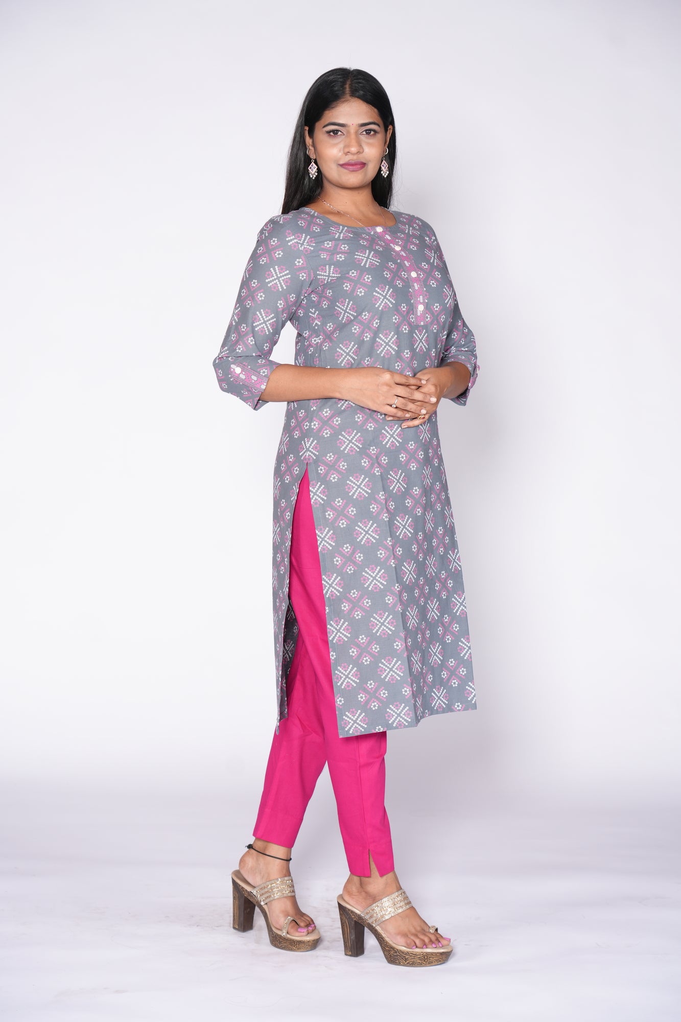 Graceful Grey Dots: Cotton Kurti