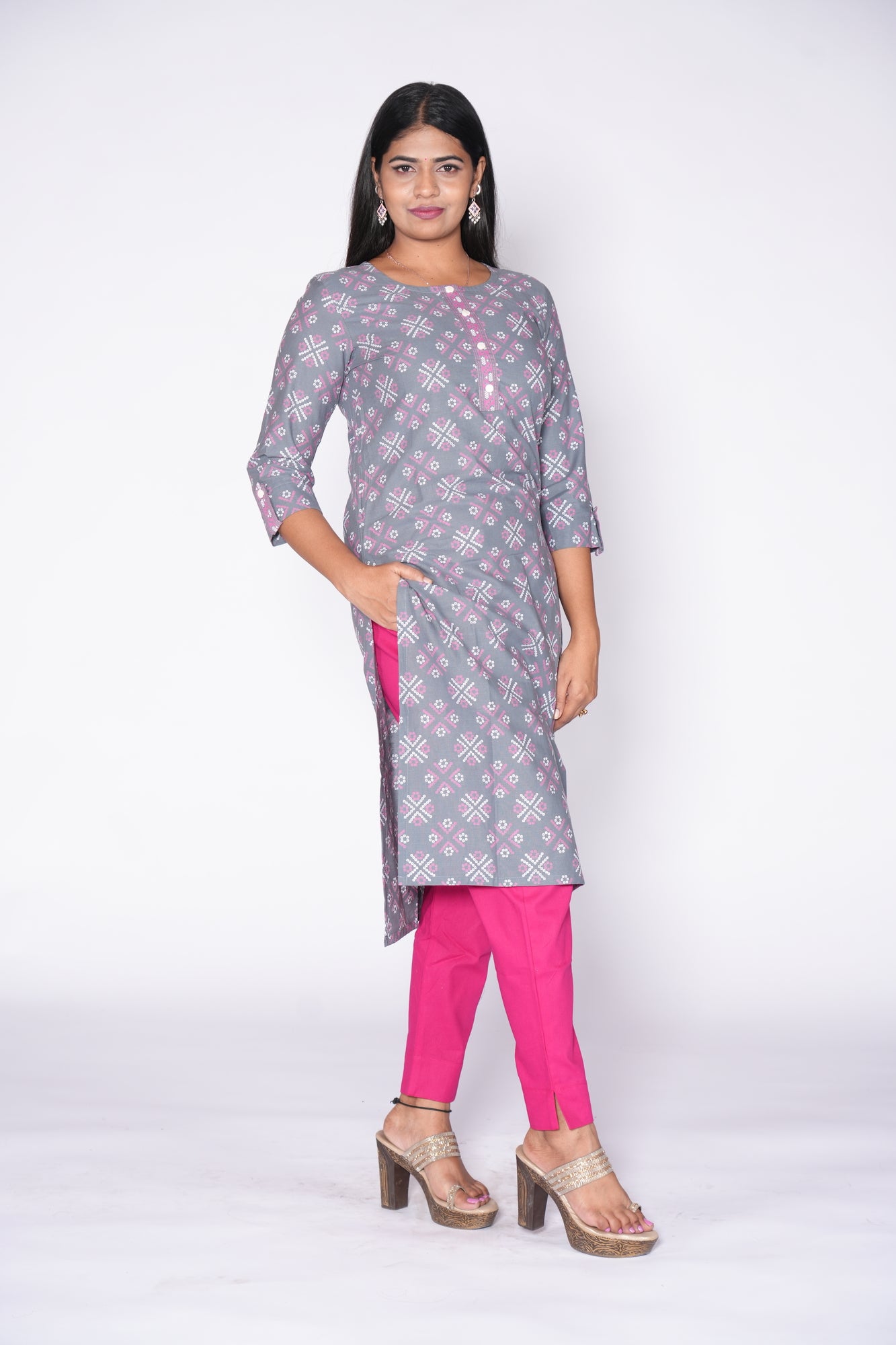 Graceful Grey Dots: Cotton Kurti