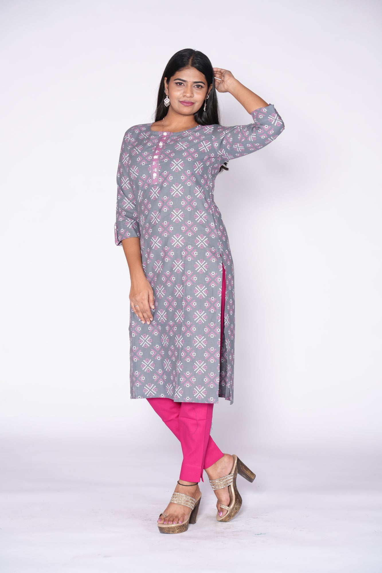 Graceful Grey Dots: Cotton Kurti