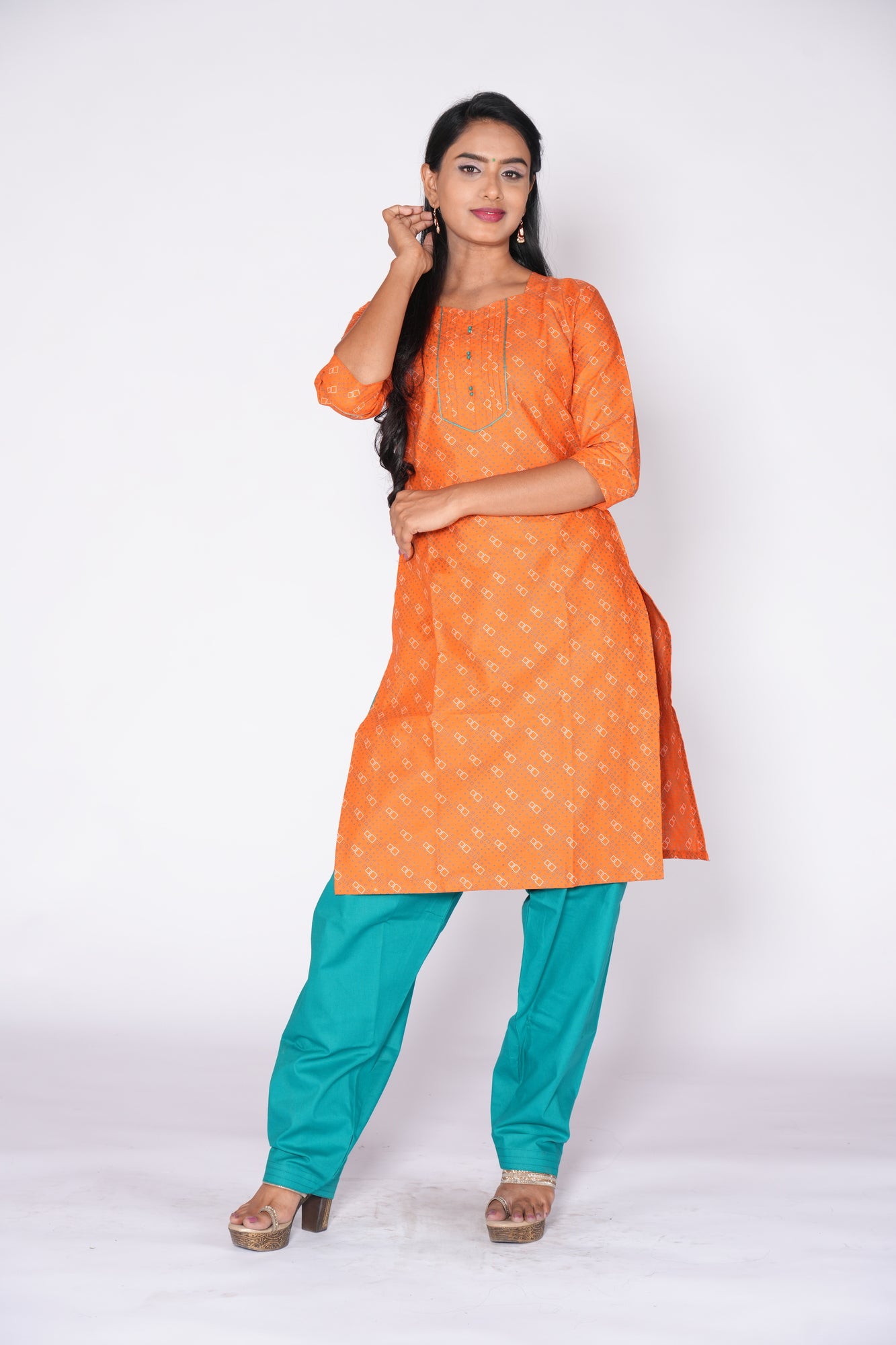 Geometric Pattern Kurti Orange Cotton