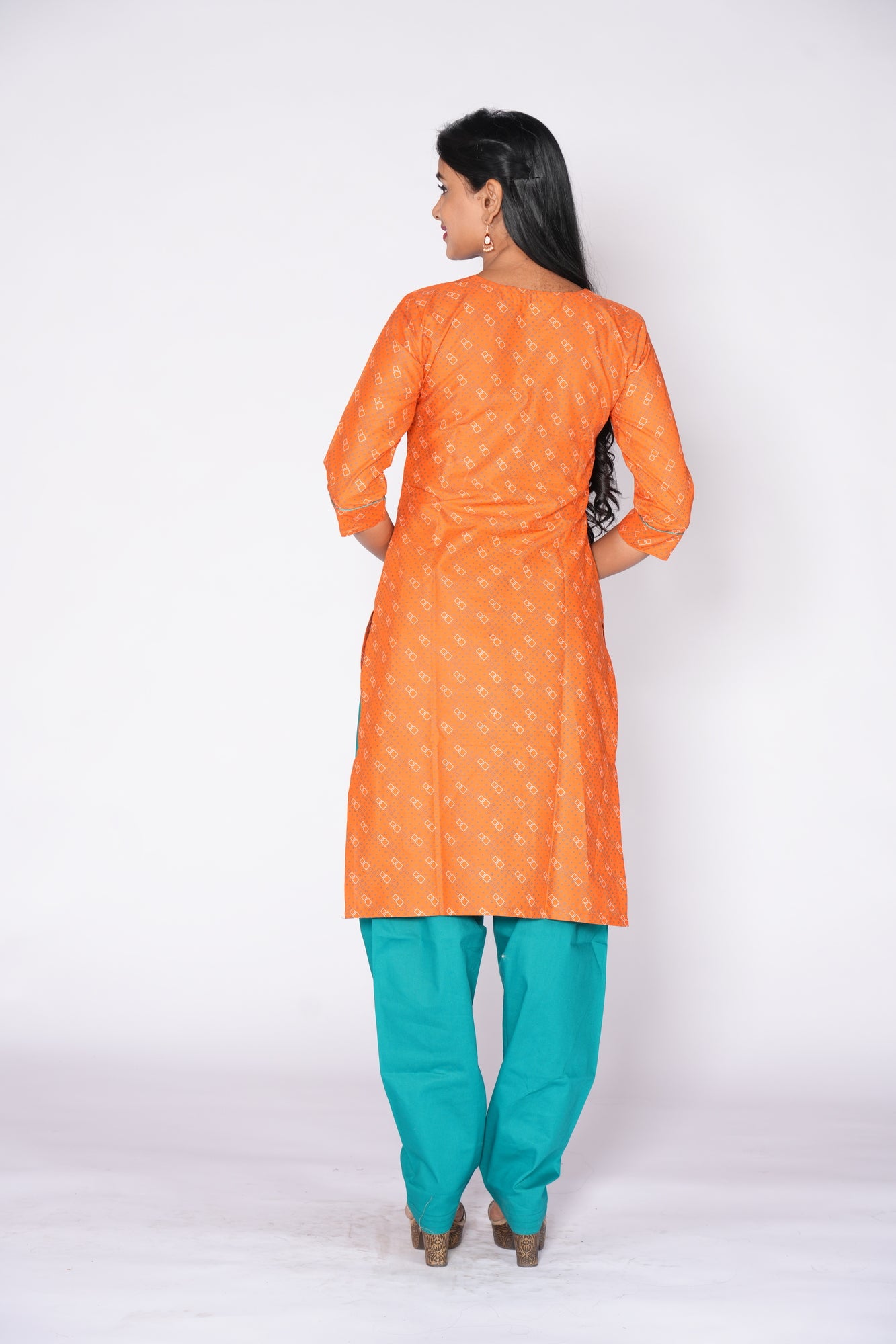 Geometric Pattern Kurti Orange Cotton