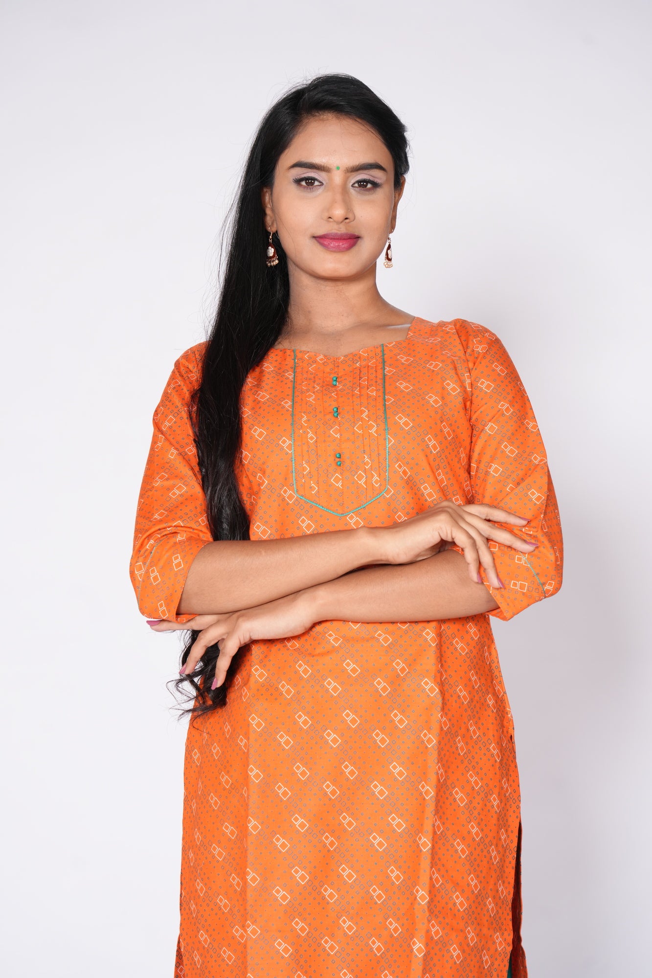 Geometric Pattern Kurti Orange Cotton