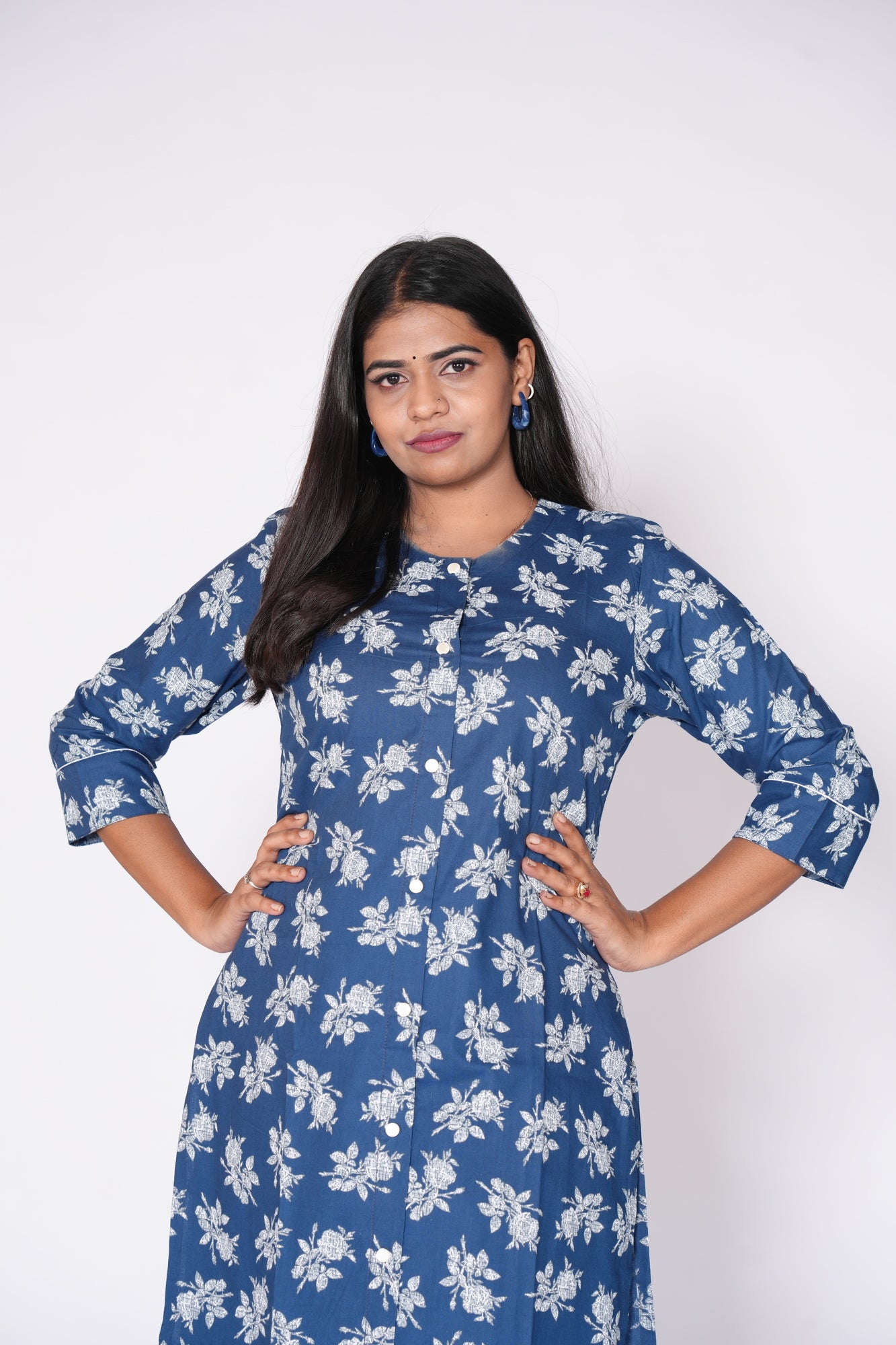 Premium Blue with white floral print kurti