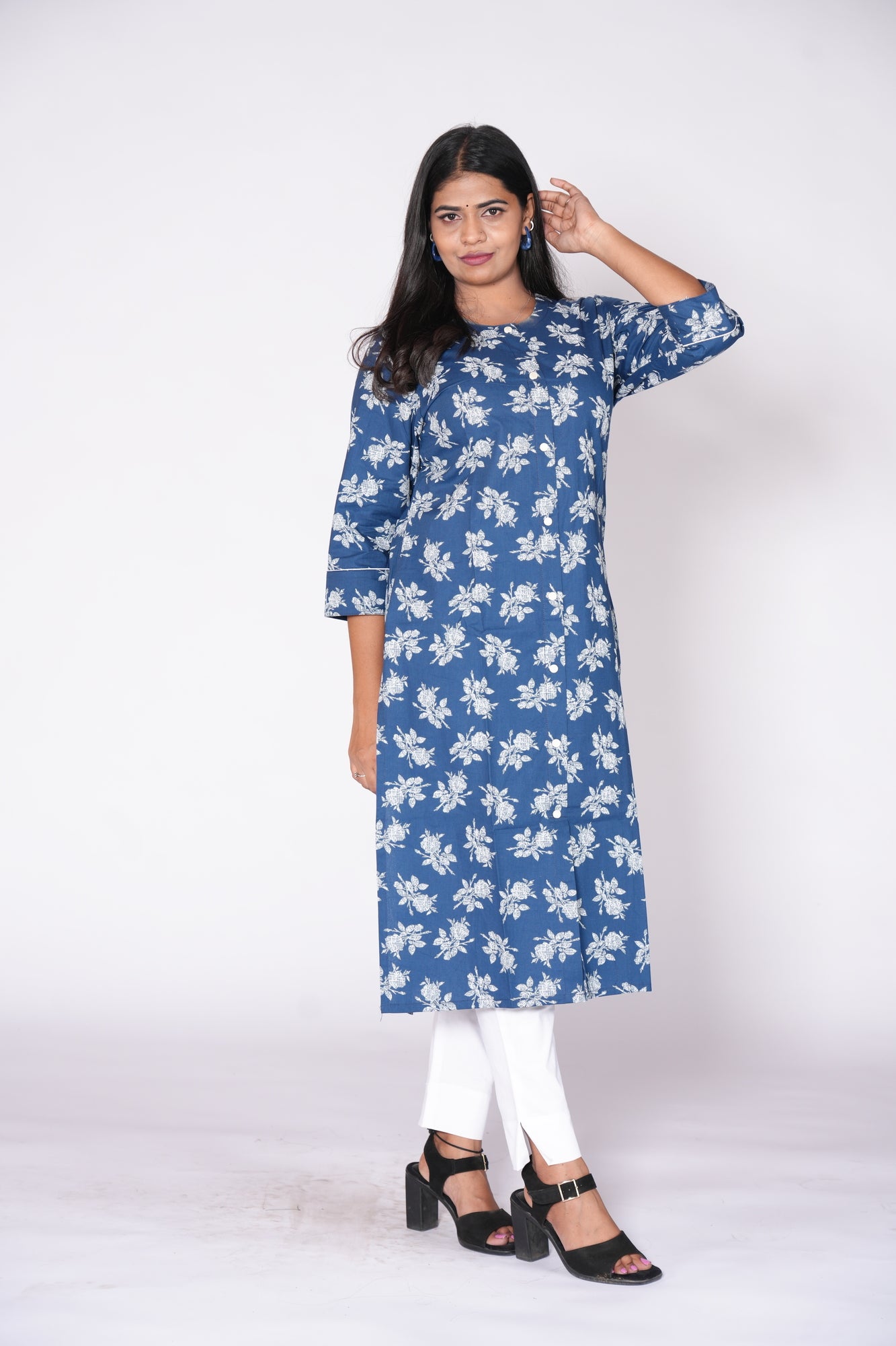 Premium Blue with white floral print kurti