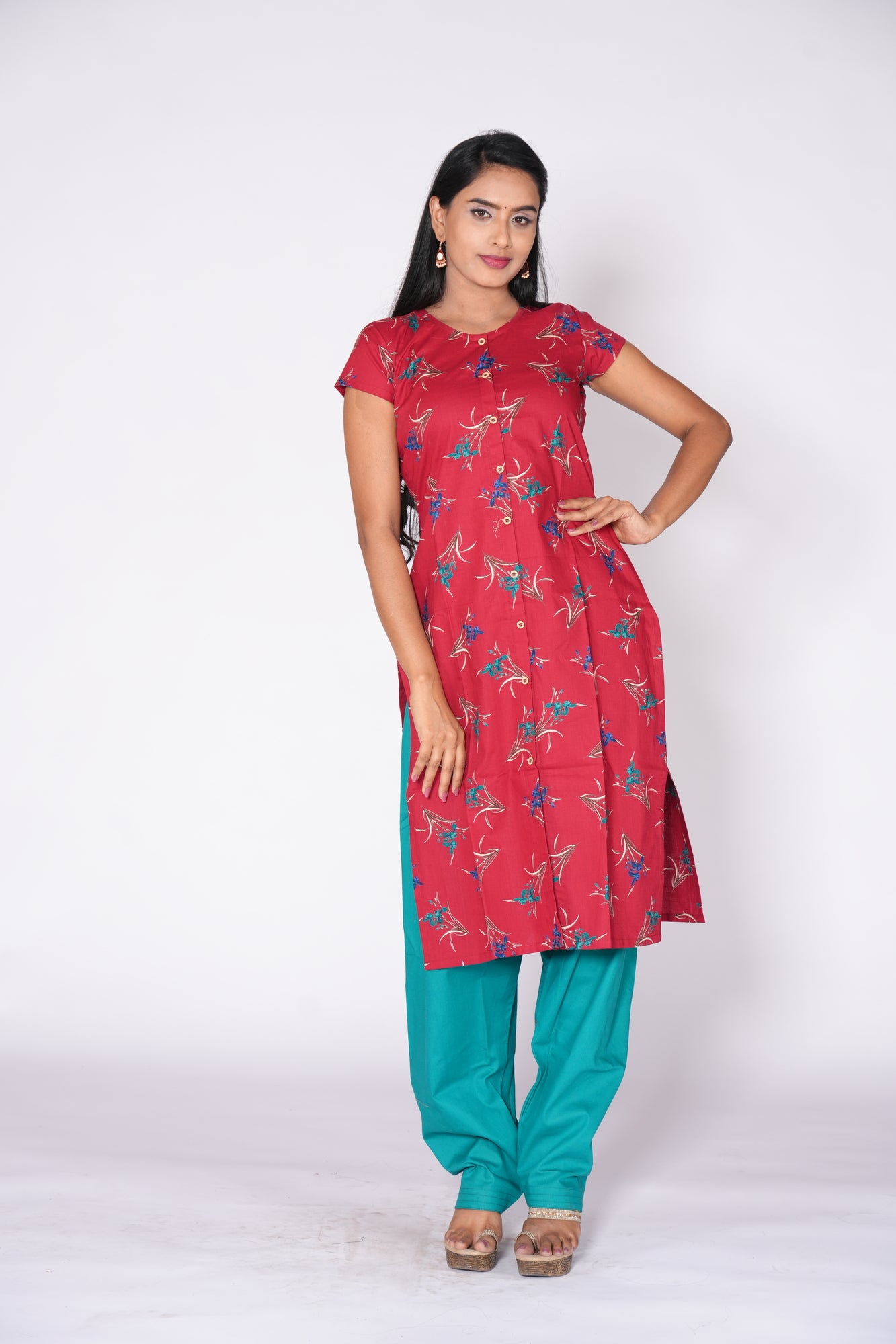 Maroon floral print Cotton Kurti
