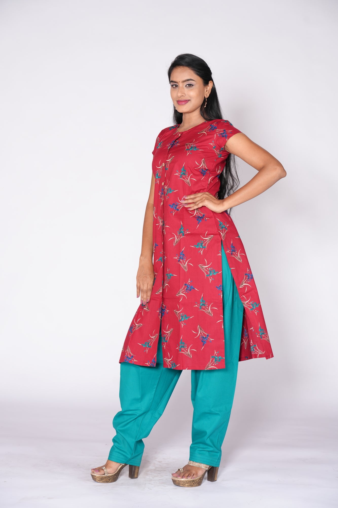 Maroon floral print Cotton Kurti