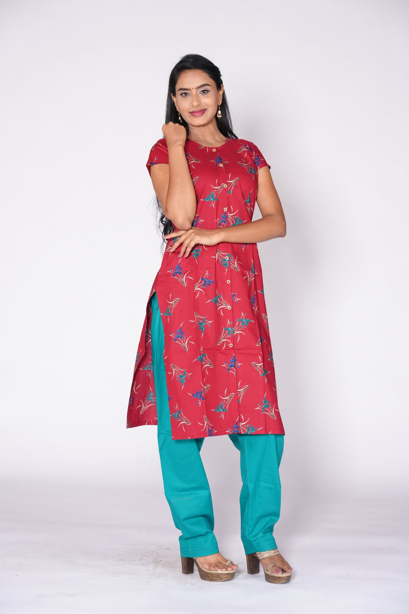 Maroon floral print Cotton Kurti