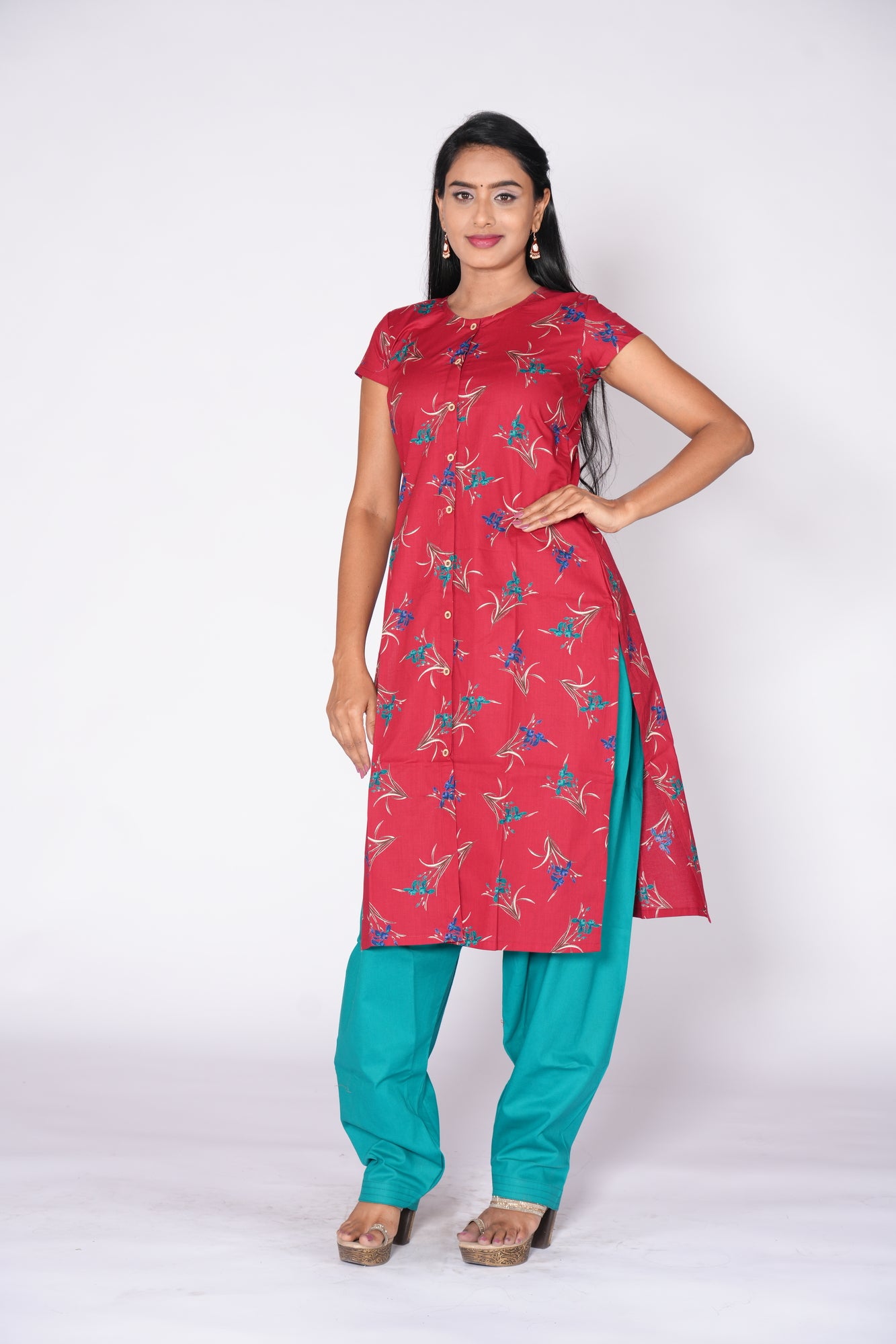 Maroon floral print Cotton Kurti
