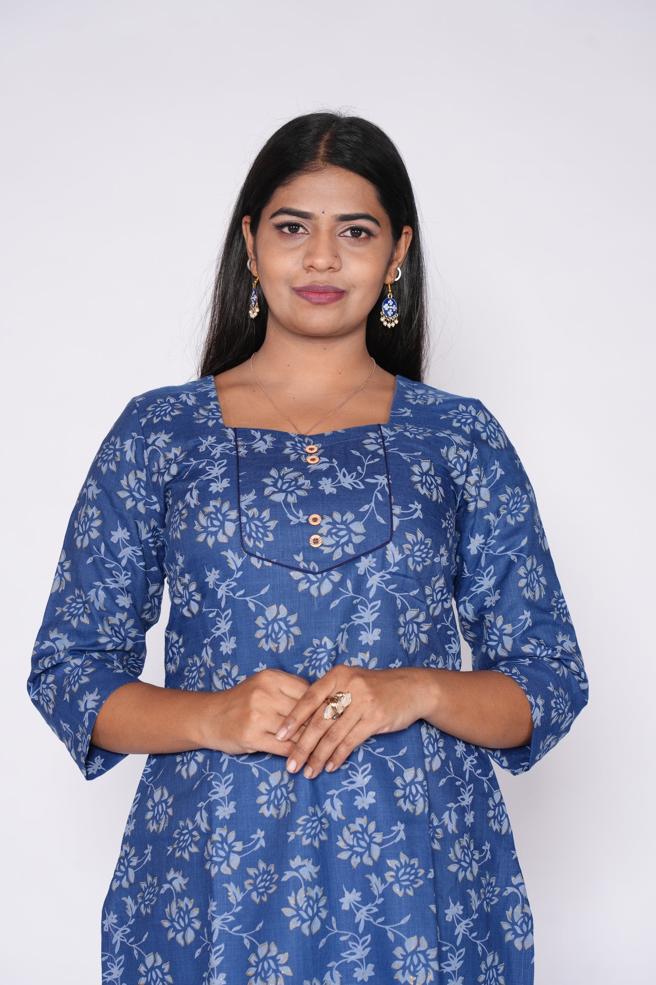 Woodbutton Blue Cotton Kurti