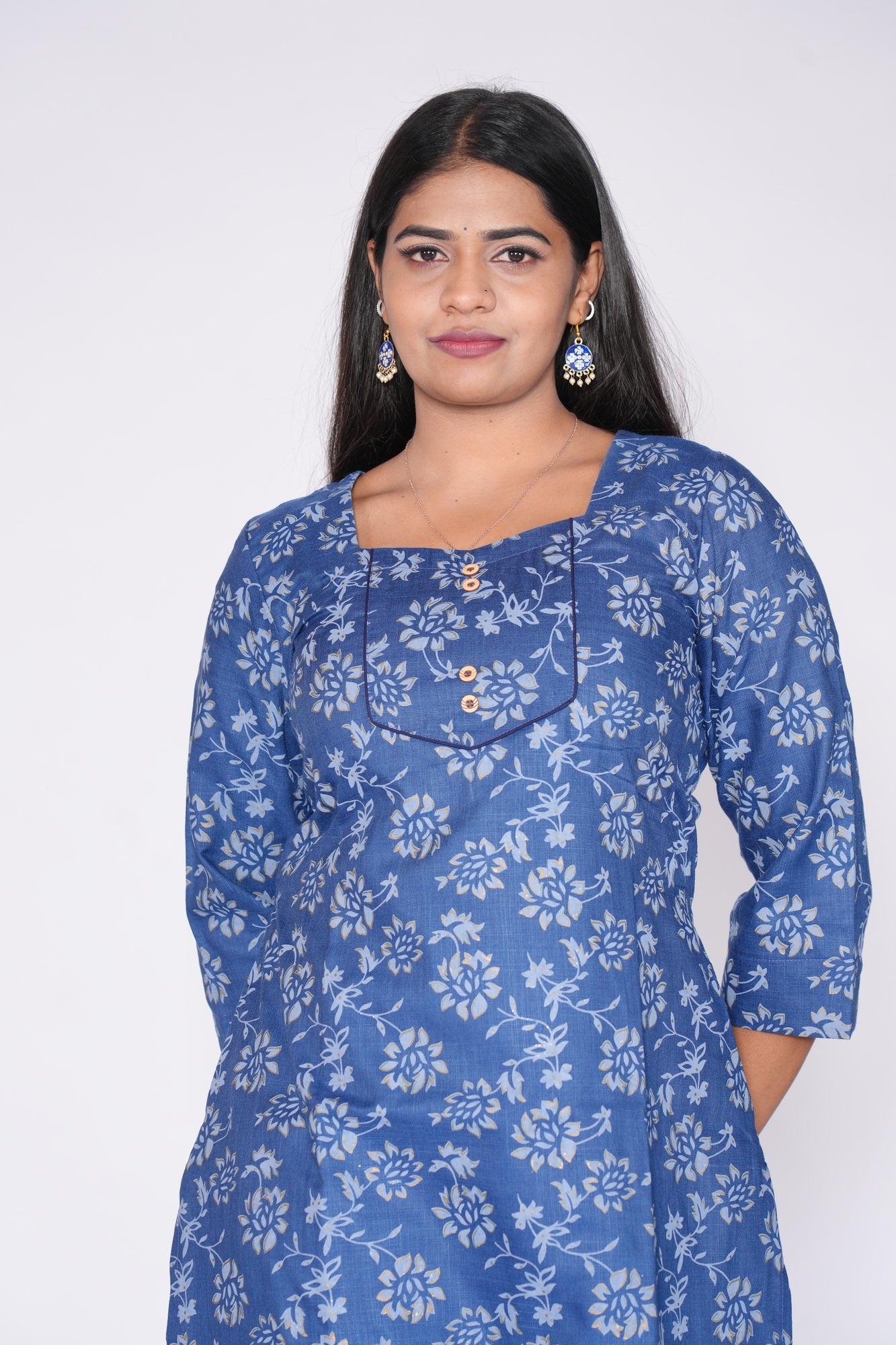 Woodbutton Blue Cotton Kurti