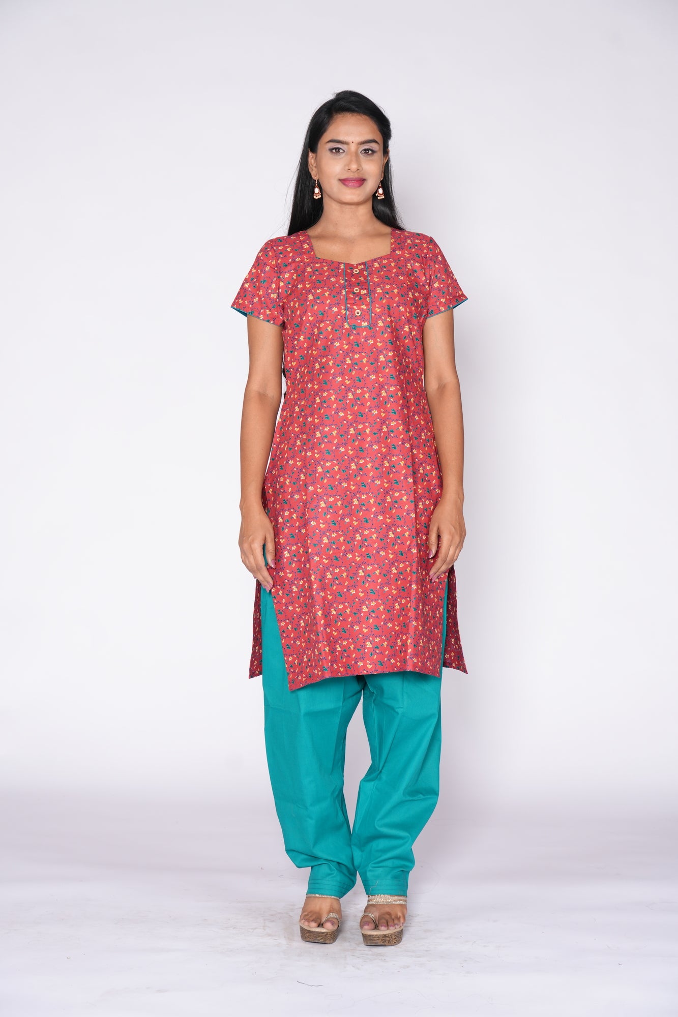 Red little floral print Cotton Kurti