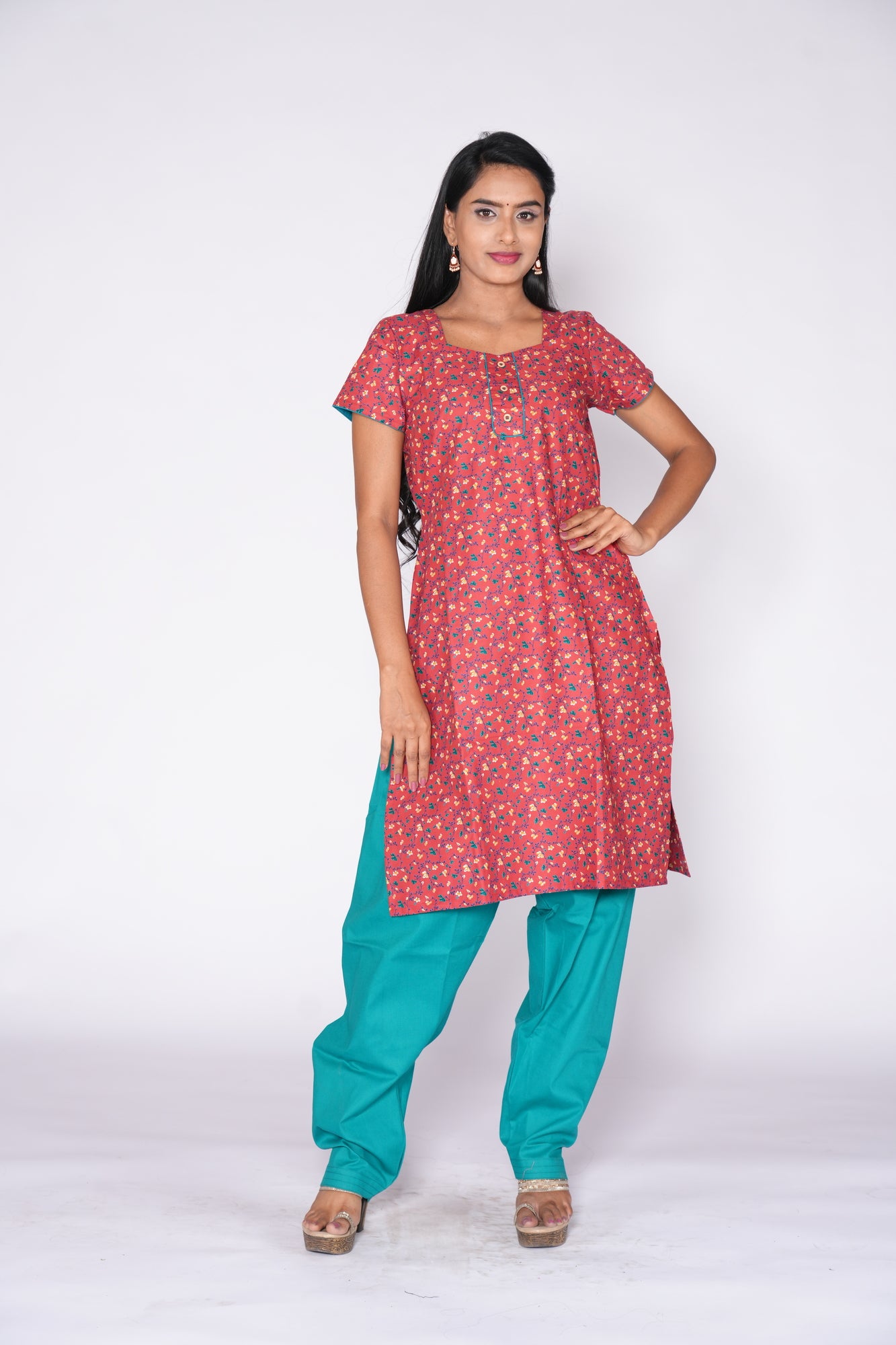Red little floral print Cotton Kurti