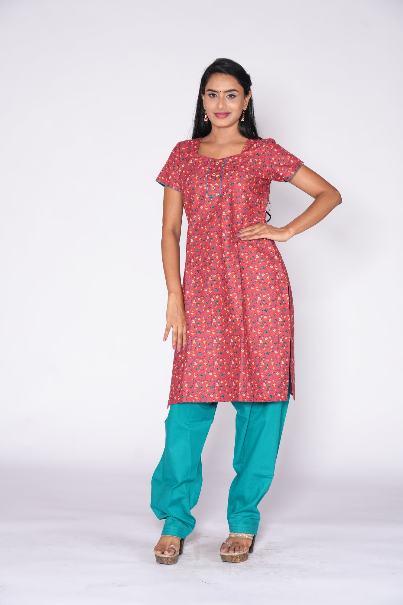 Red little floral print Cotton Kurti