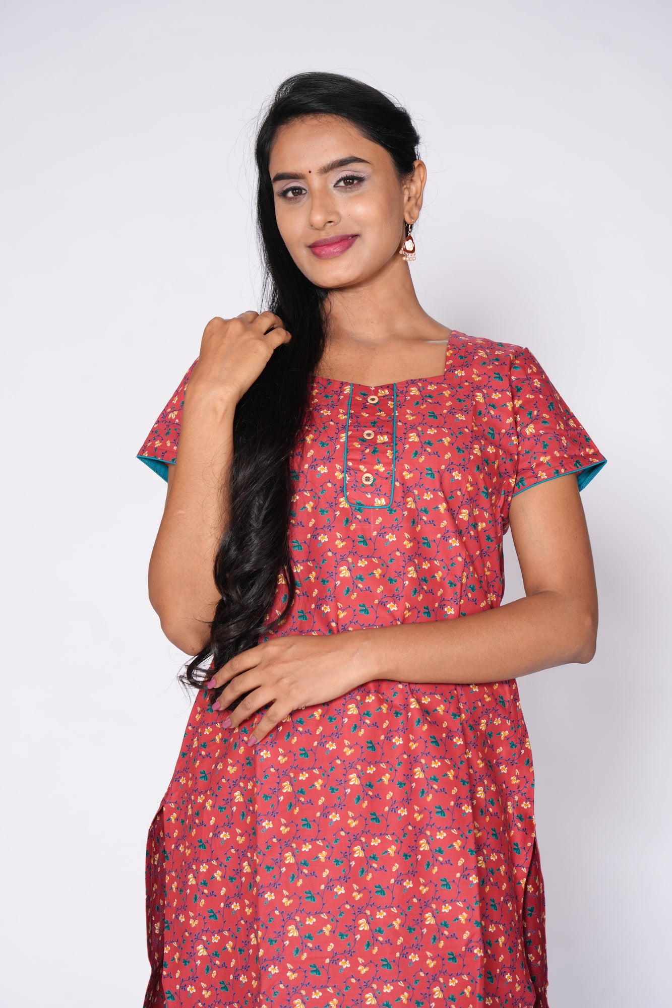 Red little floral print Cotton Kurti