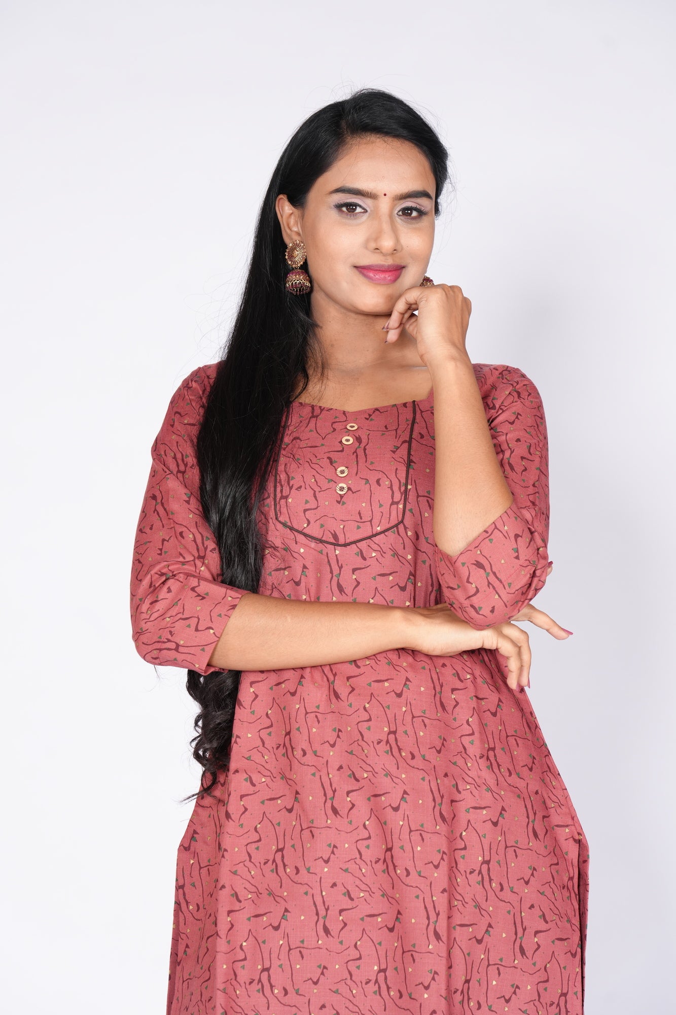 Woodbutton Maroon Cotton Kurti