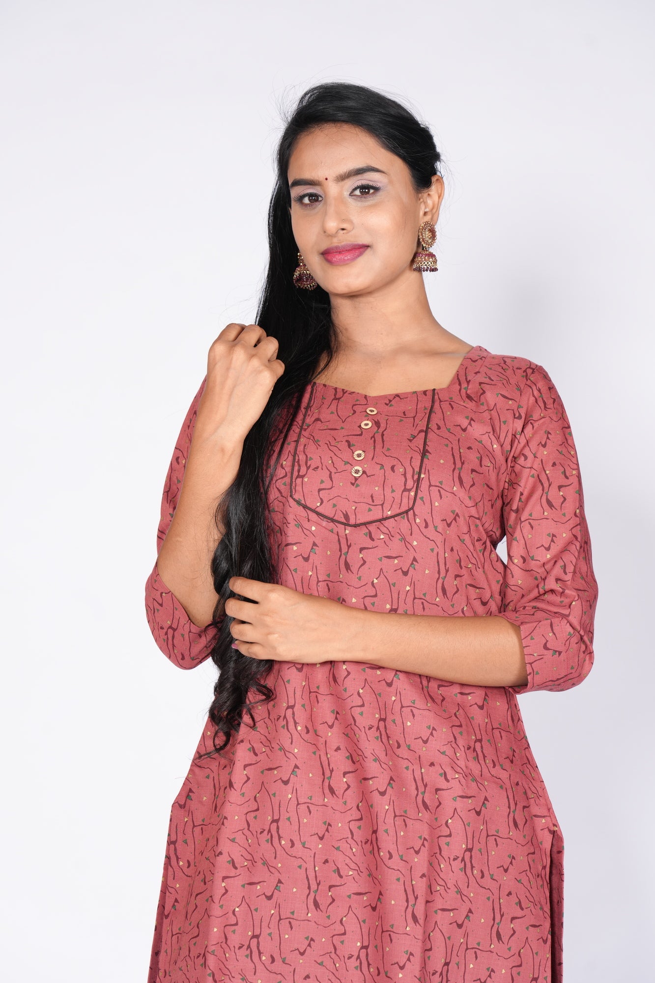 Woodbutton Maroon Cotton Kurti
