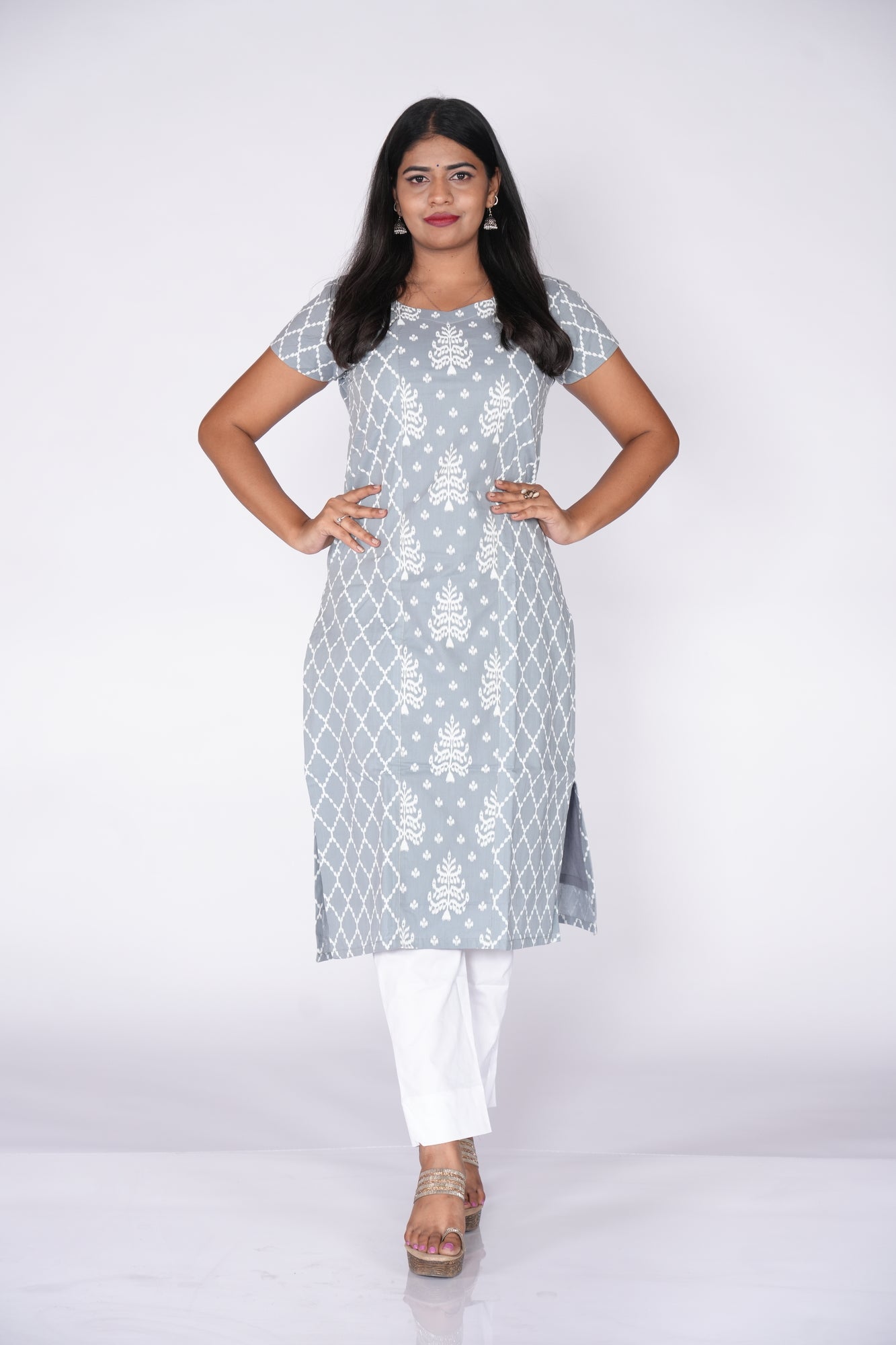 Grey kurti with white pattern print