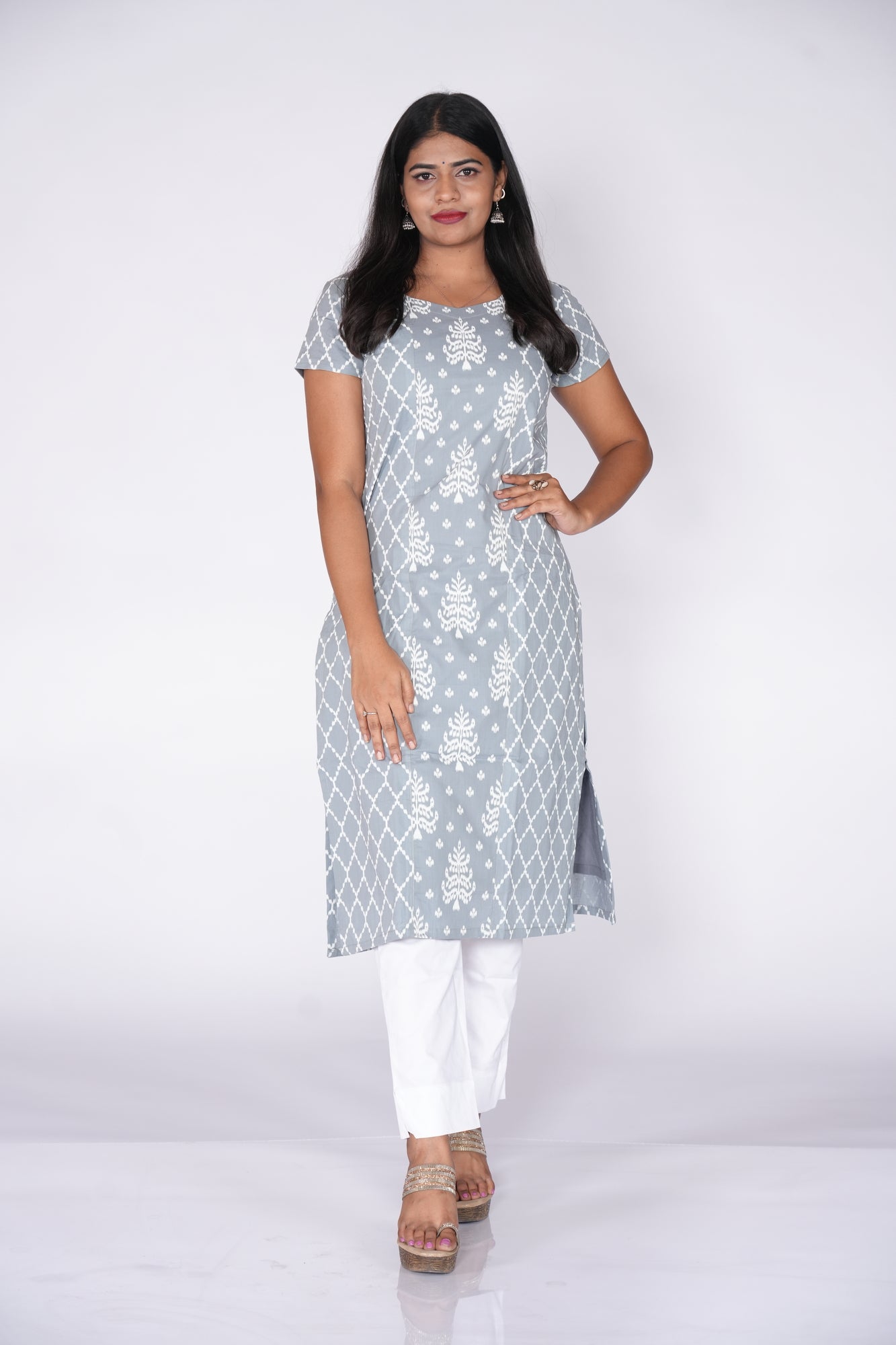 Grey kurti with white pattern print